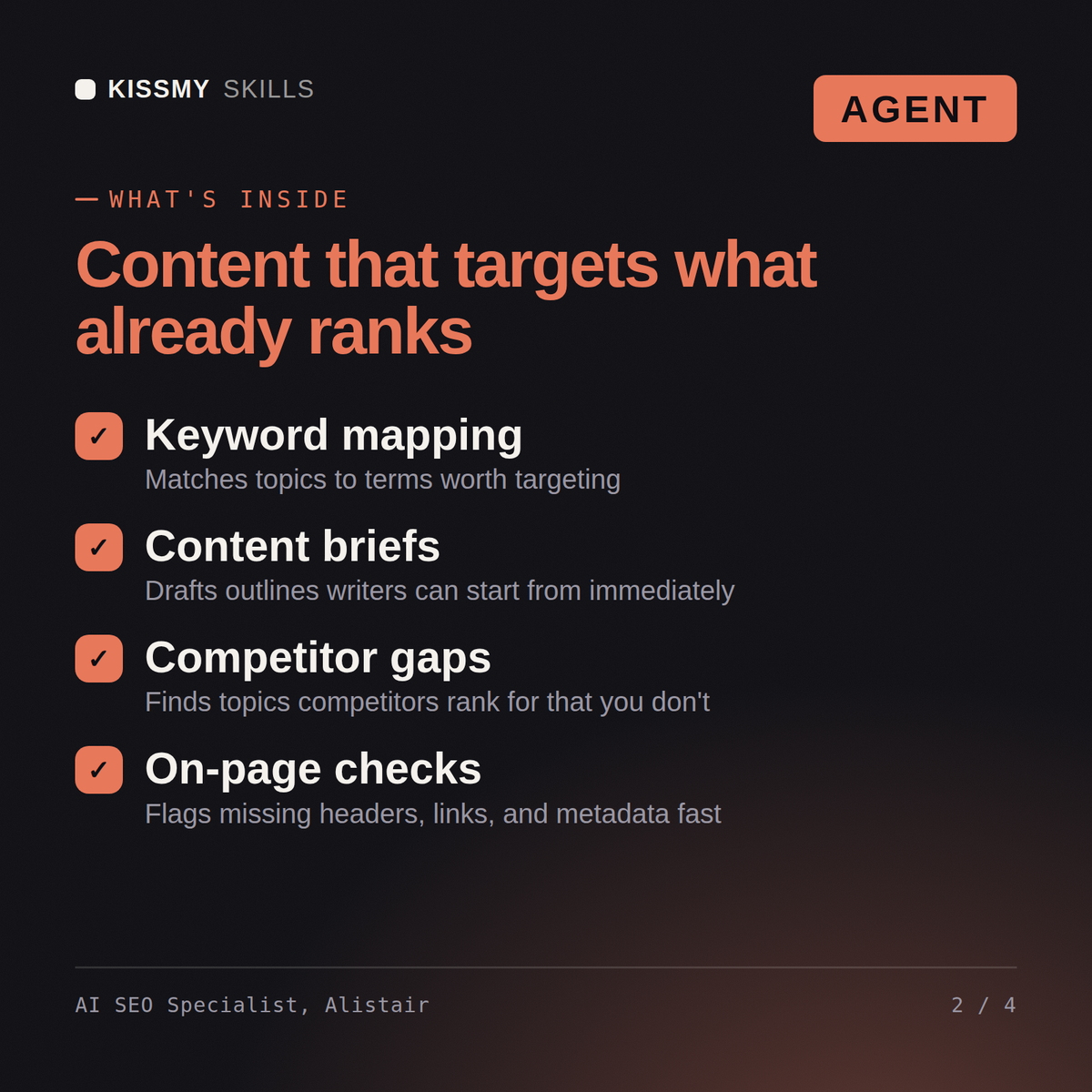 What's inside the AI SEO Specialist, Alistair AI agent: Keyword mapping, Content briefs, Competitor gaps, On-page checks