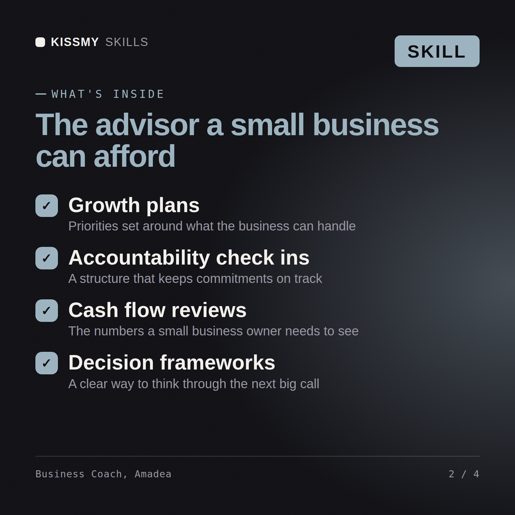 What's inside the Business Coach, Amadea AI skill: Growth plans, Accountability check ins, Cash flow reviews, Decision frameworks