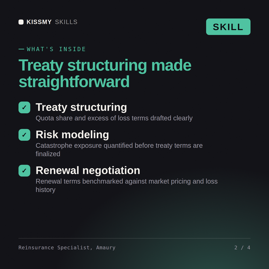 What's inside the Reinsurance Specialist, Amaury AI skill: Treaty structuring, Risk modeling, Renewal negotiation