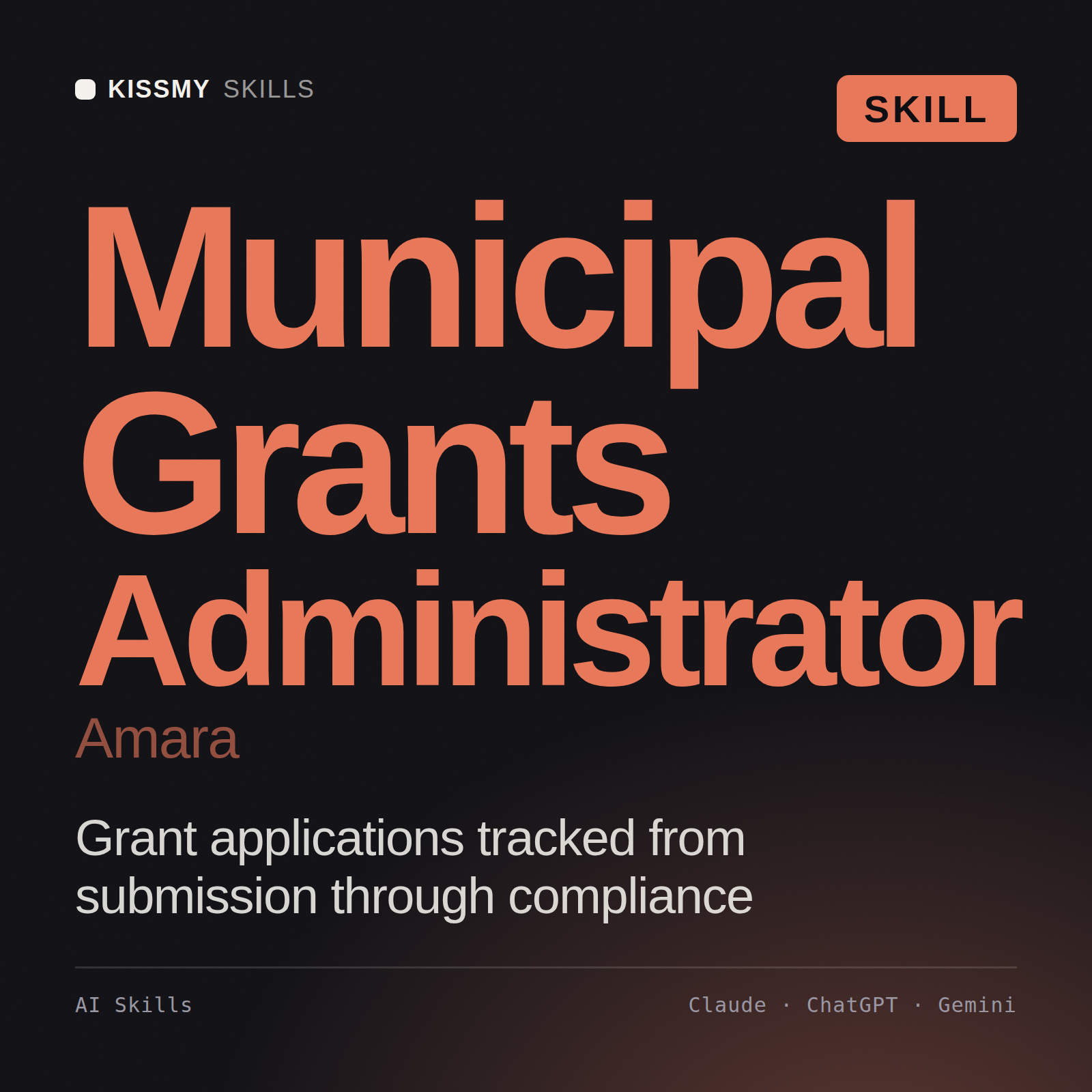 Municipal Grants Administrator, Amara AI skill by KissMySkills, cover