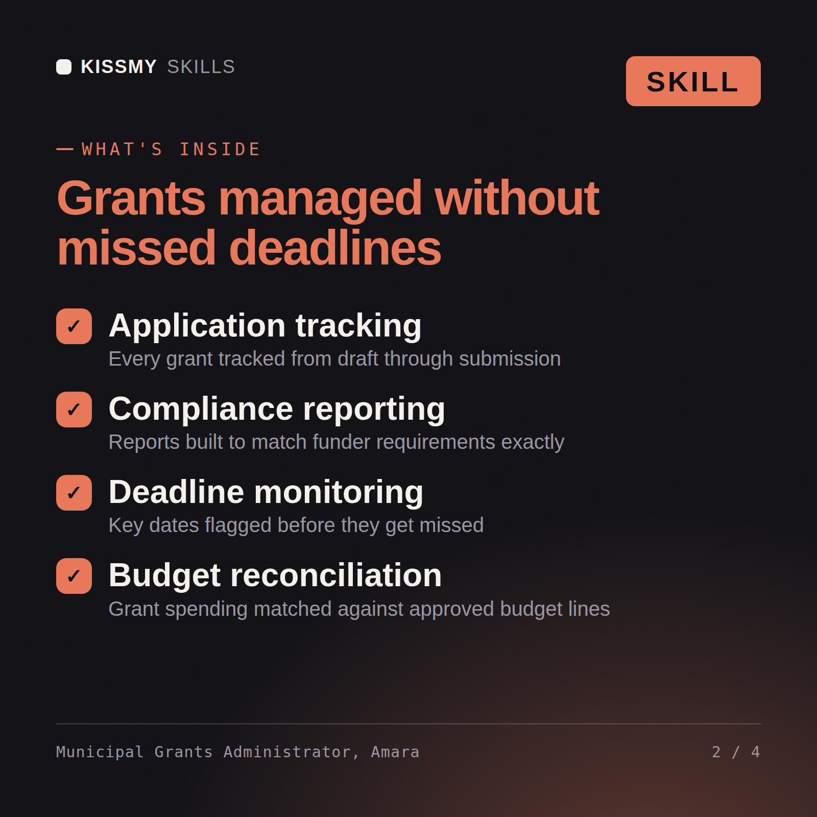 What's inside the Municipal Grants Administrator, Amara AI skill: Application tracking, Compliance reporting, Deadline monitoring, Budget reconciliation