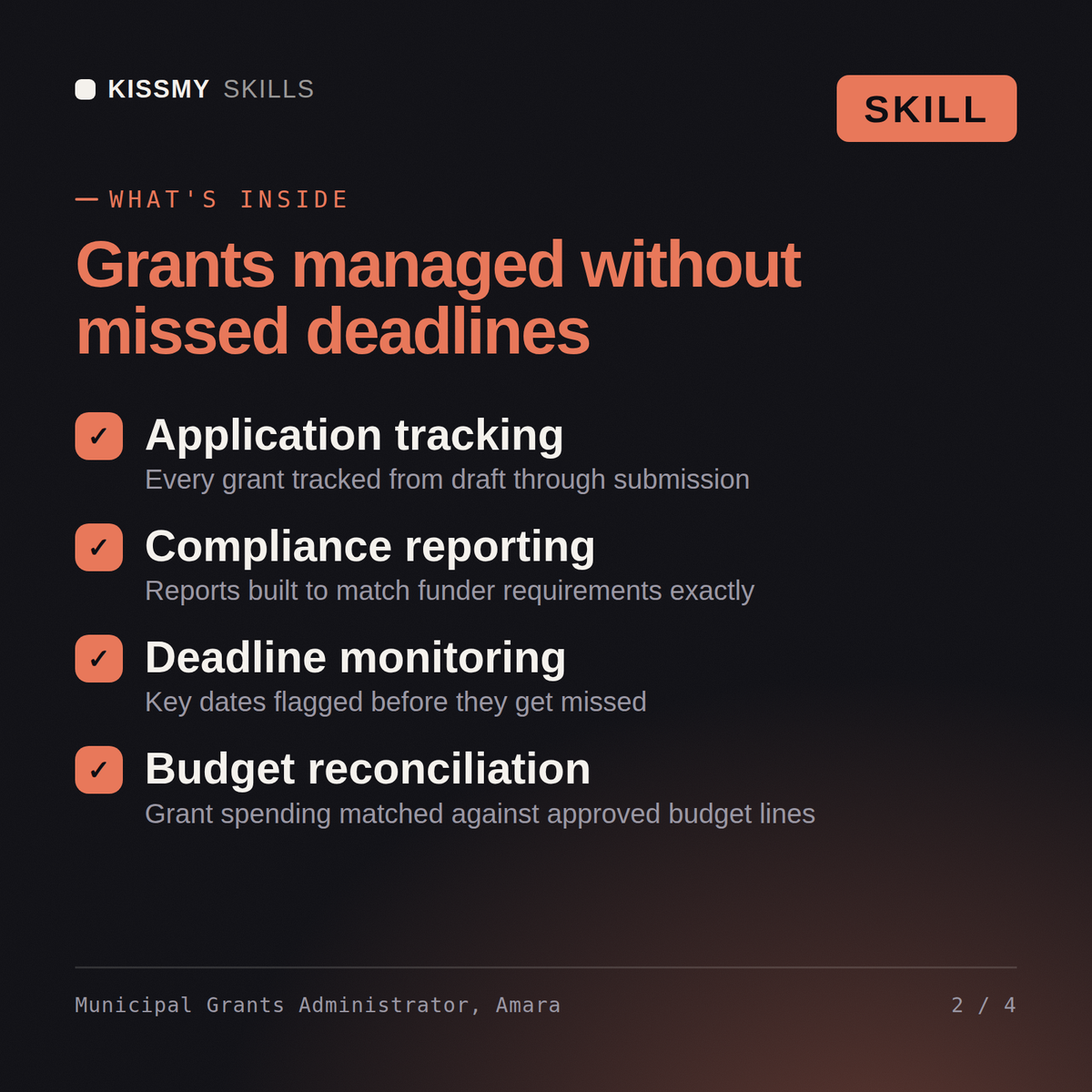 What's inside the Municipal Grants Administrator, Amara AI skill: Application tracking, Compliance reporting, Deadline monitoring, Budget reconciliation