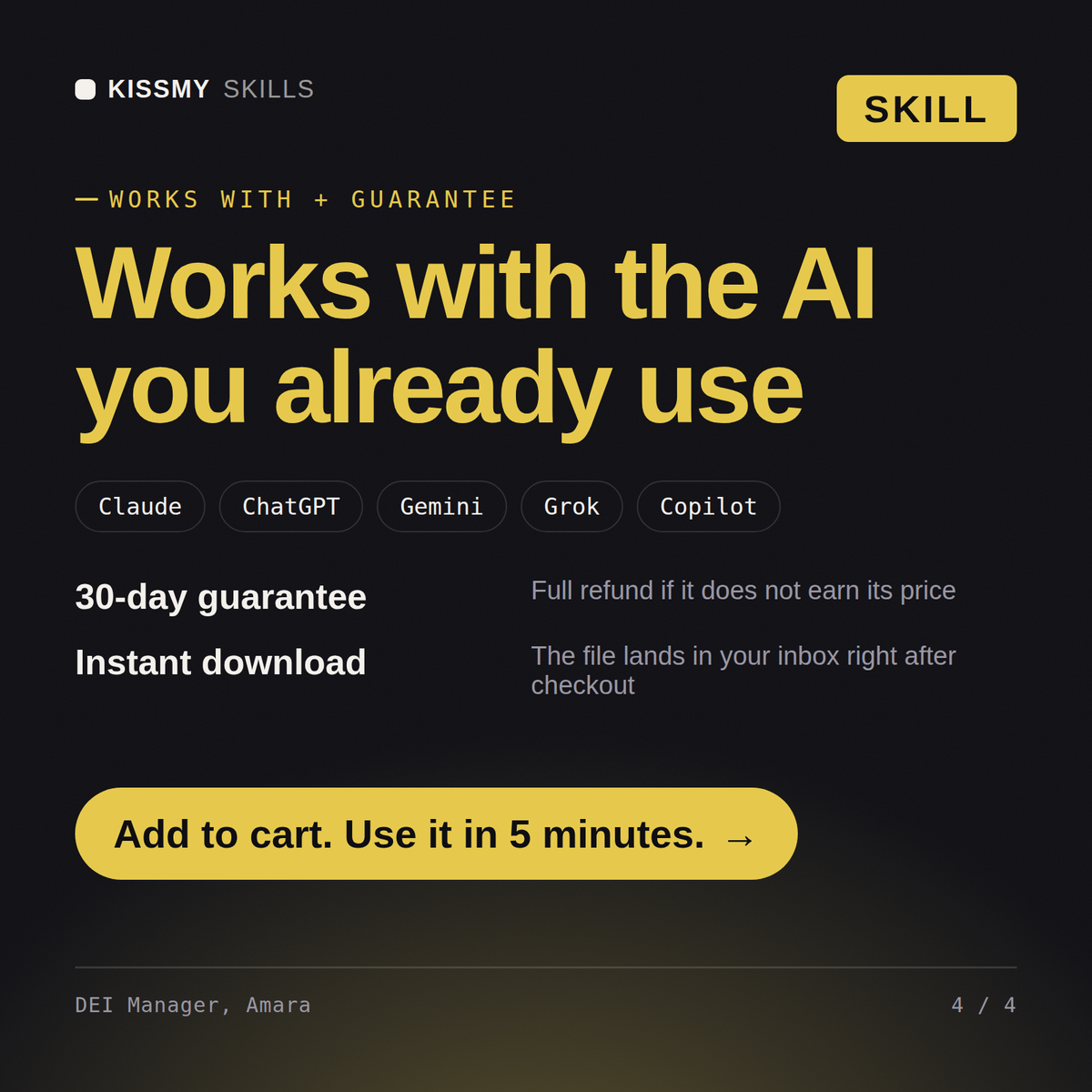 The DEI Manager, Amara AI skill works with Claude, ChatGPT, Gemini and any AI chat, 30-day money-back guarantee