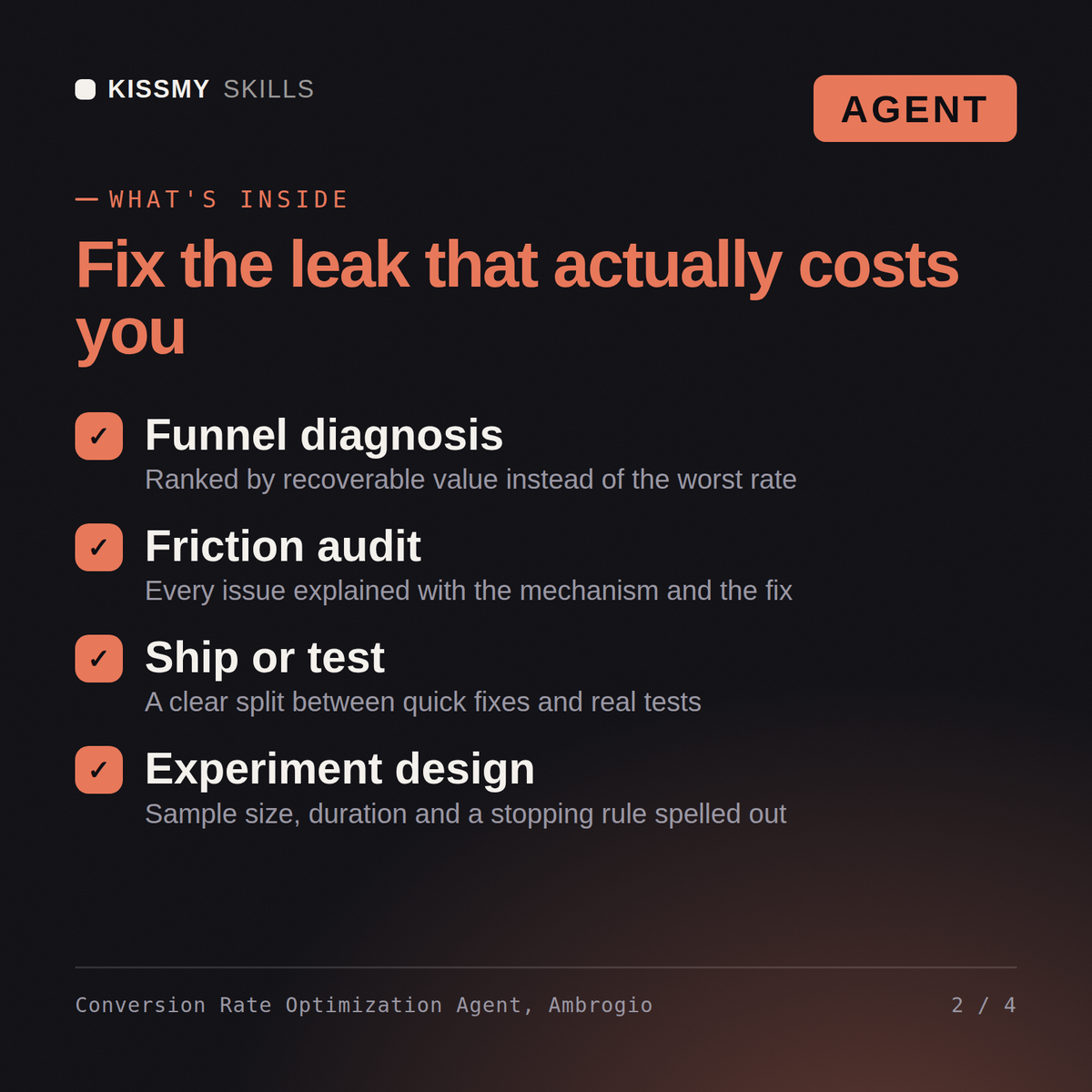 What's inside the Conversion Rate Optimization Agent, Ambrogio AI agent: Funnel diagnosis, Friction audit, Ship or test, Experiment design