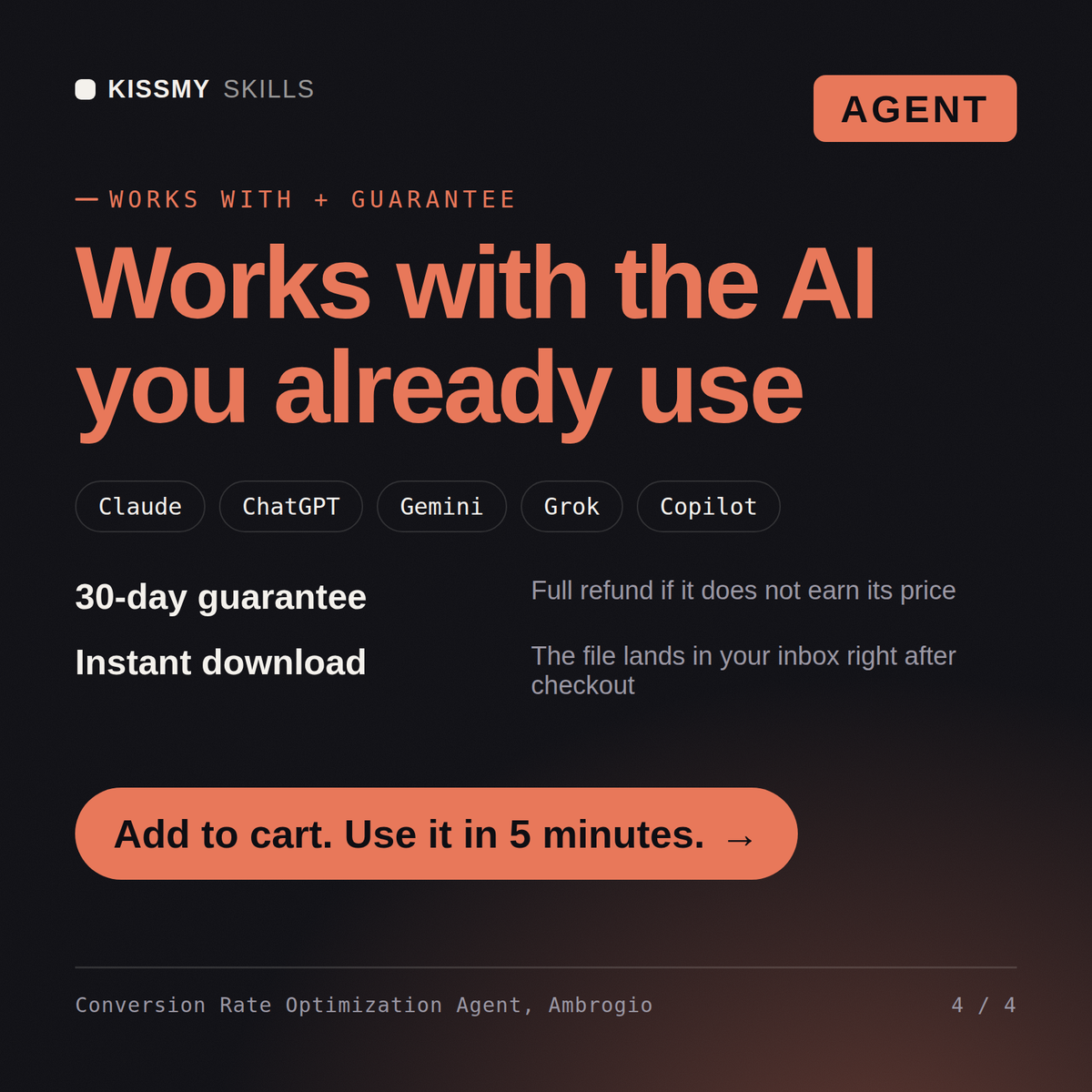 The Conversion Rate Optimization Agent, Ambrogio AI agent works with Claude, ChatGPT, Gemini and any AI chat, 30-day money-back guarantee