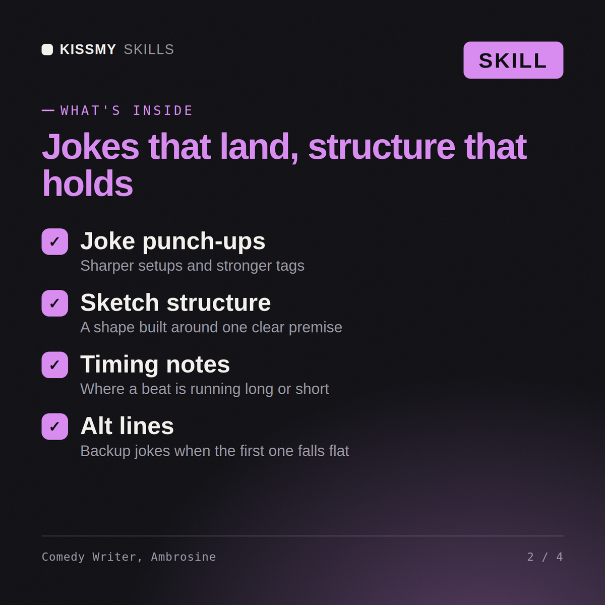What's inside the Comedy Writer, Ambrosine AI skill: Joke punch-ups, Sketch structure, Timing notes, Alt lines
