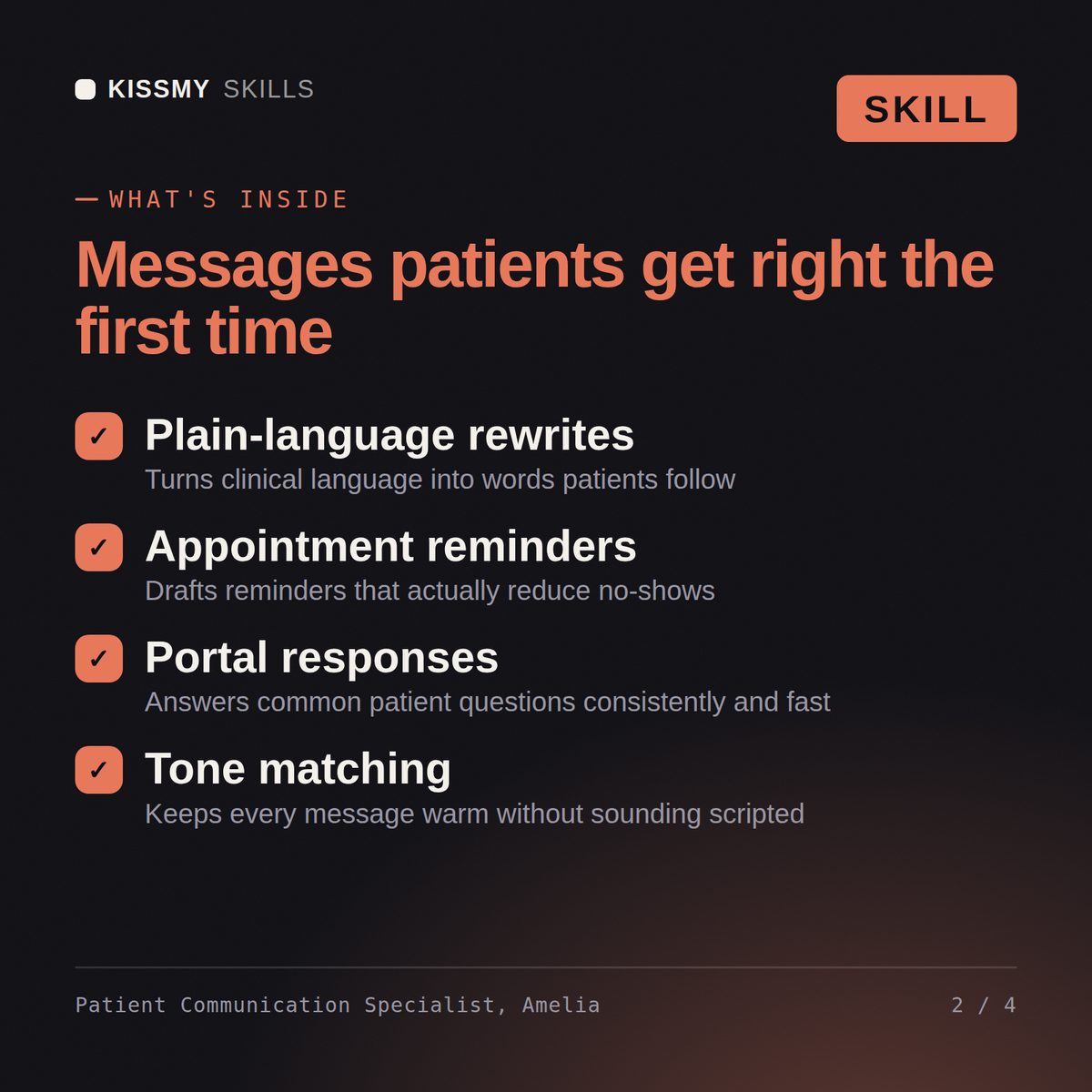 What's inside the Patient Communication Specialist, Amelia AI skill: Plain-language rewrites, Appointment reminders, Portal responses, Tone matching