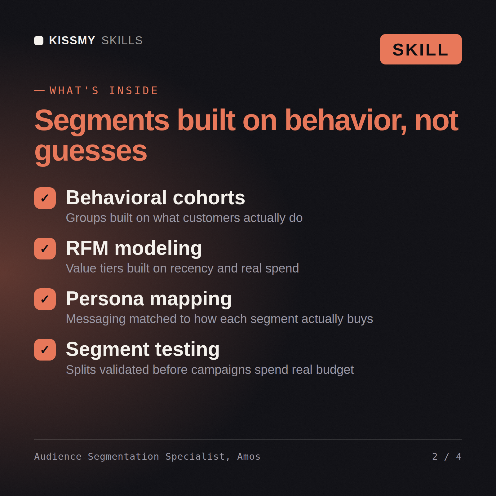 What's inside the Audience Segmentation Specialist, Amos AI skill: Behavioral cohorts, RFM modeling, Persona mapping, Segment testing