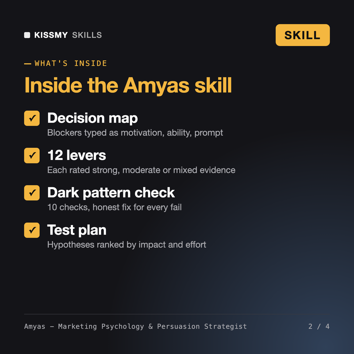 What's inside the Amyas - Marketing Psychology & Persuasion Strategist AI skill: Decision map, 12 levers, Dark pattern check, Test plan
