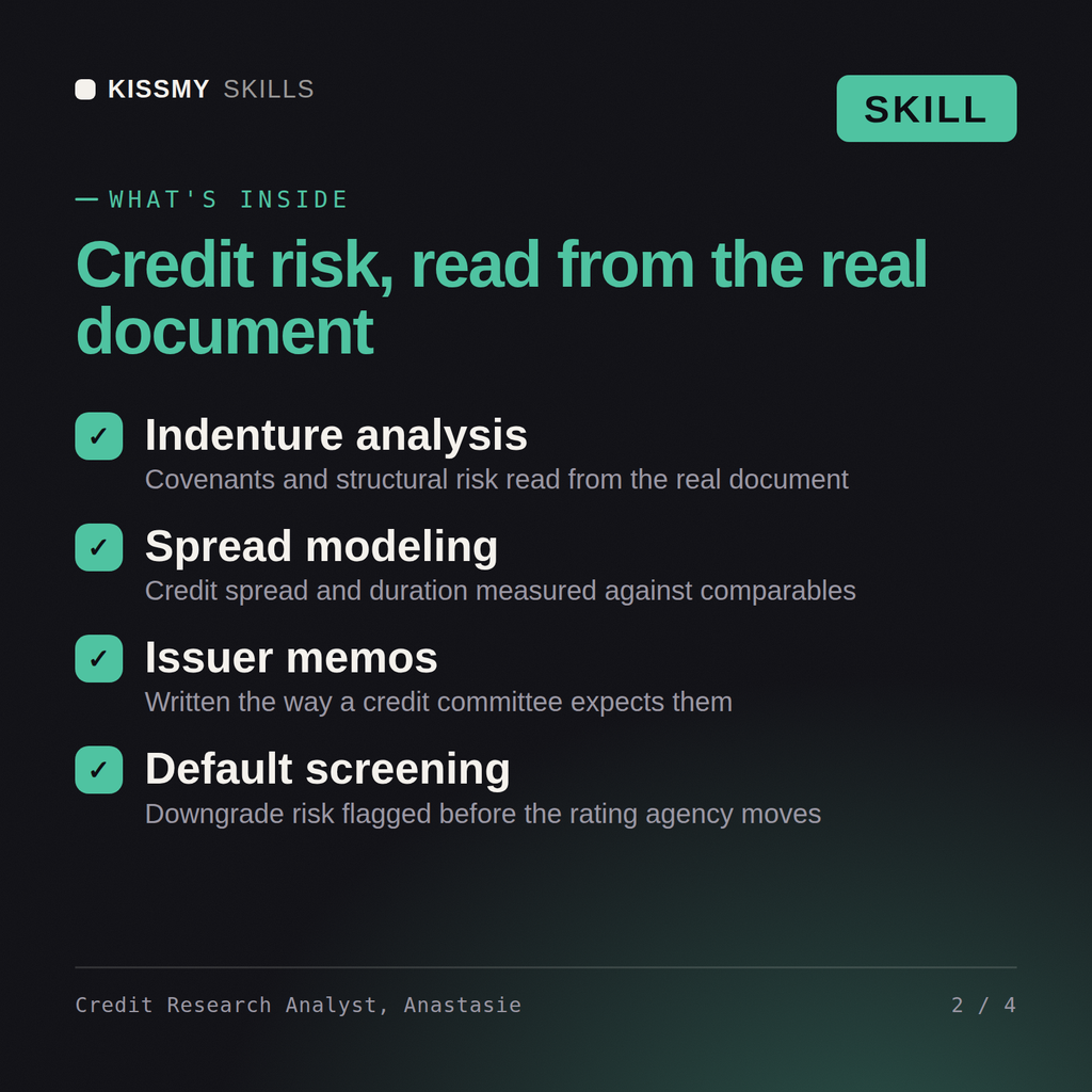 What's inside the Credit Research Analyst, Anastasie AI skill: Indenture analysis, Spread modeling, Issuer memos, Default screening