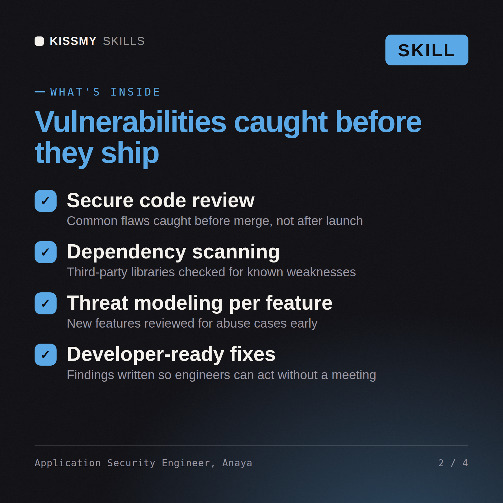 What's inside the Application Security Engineer, Anaya AI skill: Secure code review, Dependency scanning, Threat modeling per feature, Developer-ready fixes