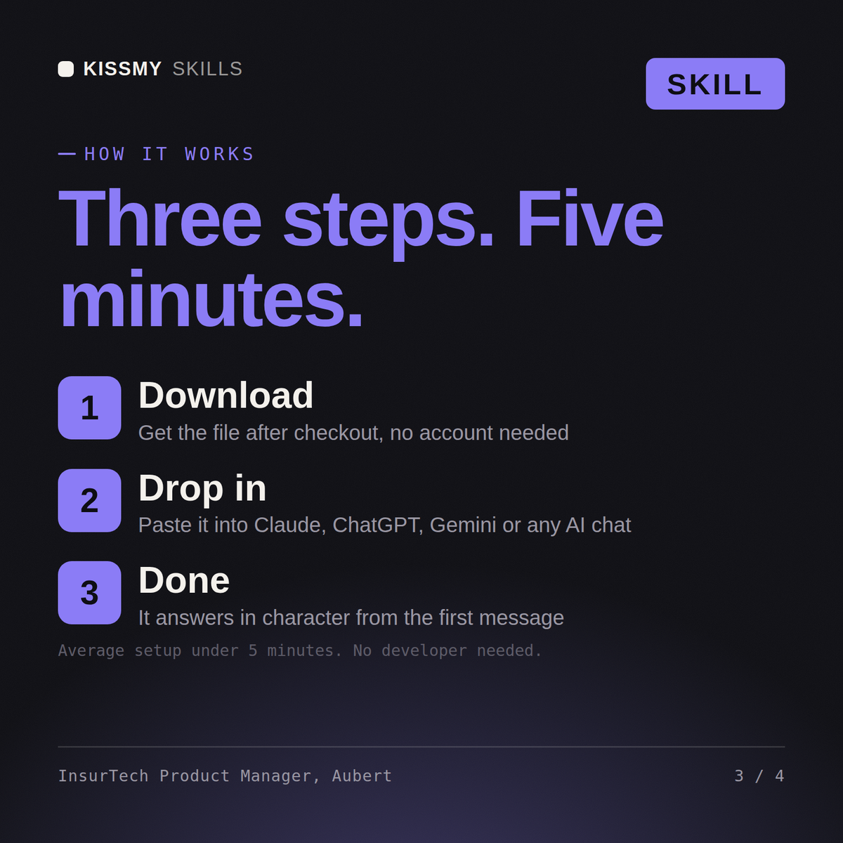 How the InsurTech Product Manager, Aubert AI skill works in three steps: download, drop it into your AI chat, done