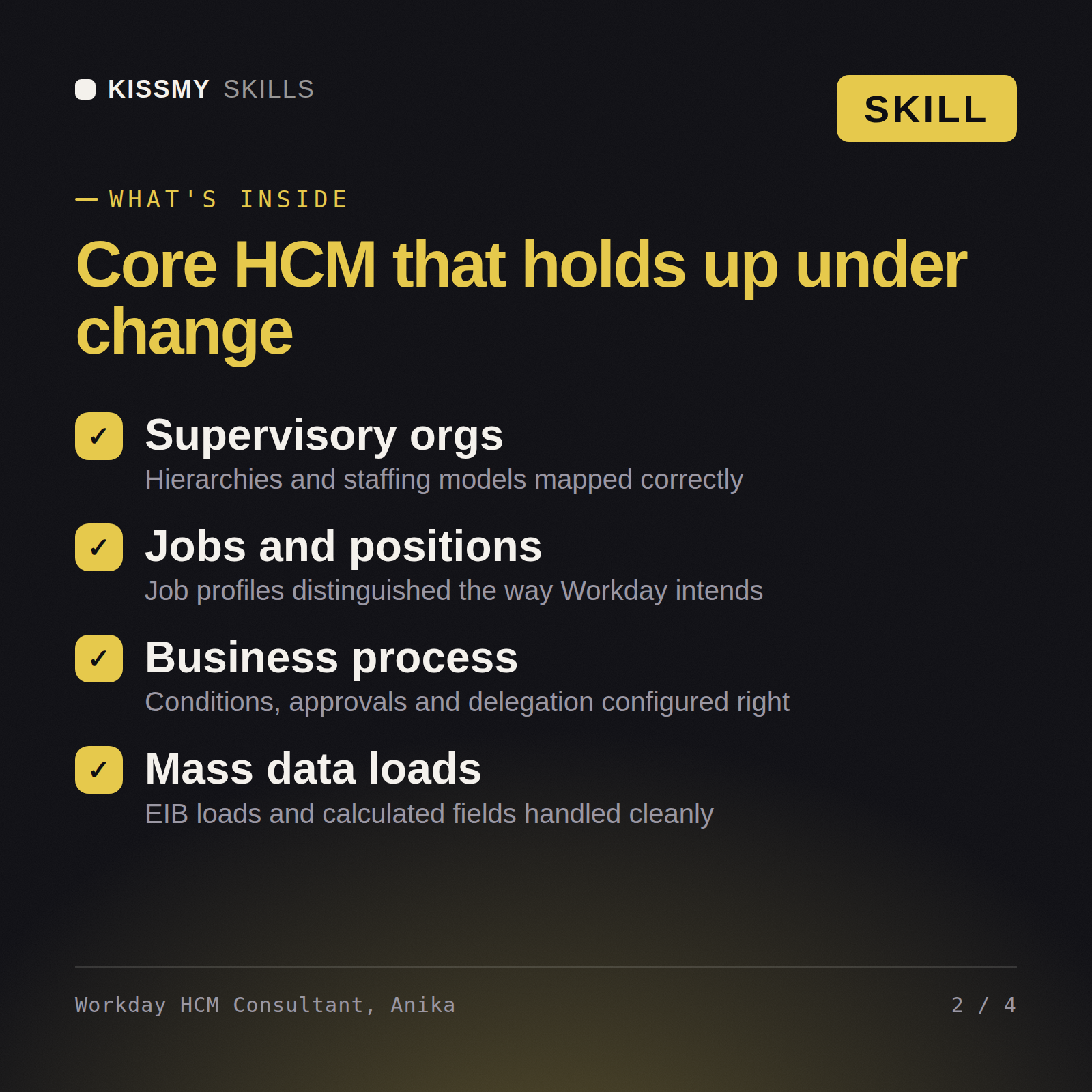 What's inside the Workday HCM Consultant, Anika AI skill: Supervisory orgs, Jobs and positions, Business process, Mass data loads