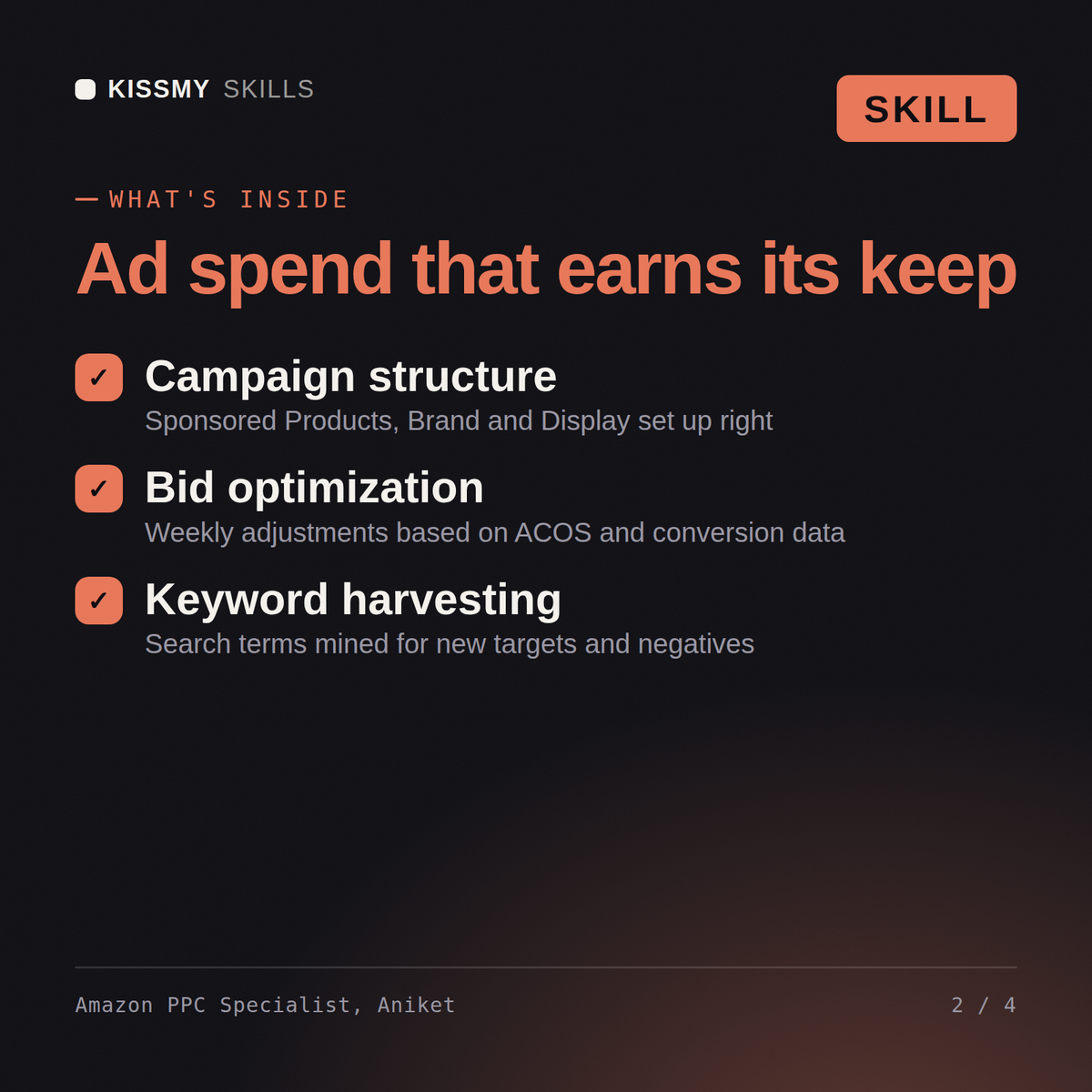 What's inside the Amazon PPC Specialist, Aniket AI skill: Campaign structure, Bid optimization, Keyword harvesting