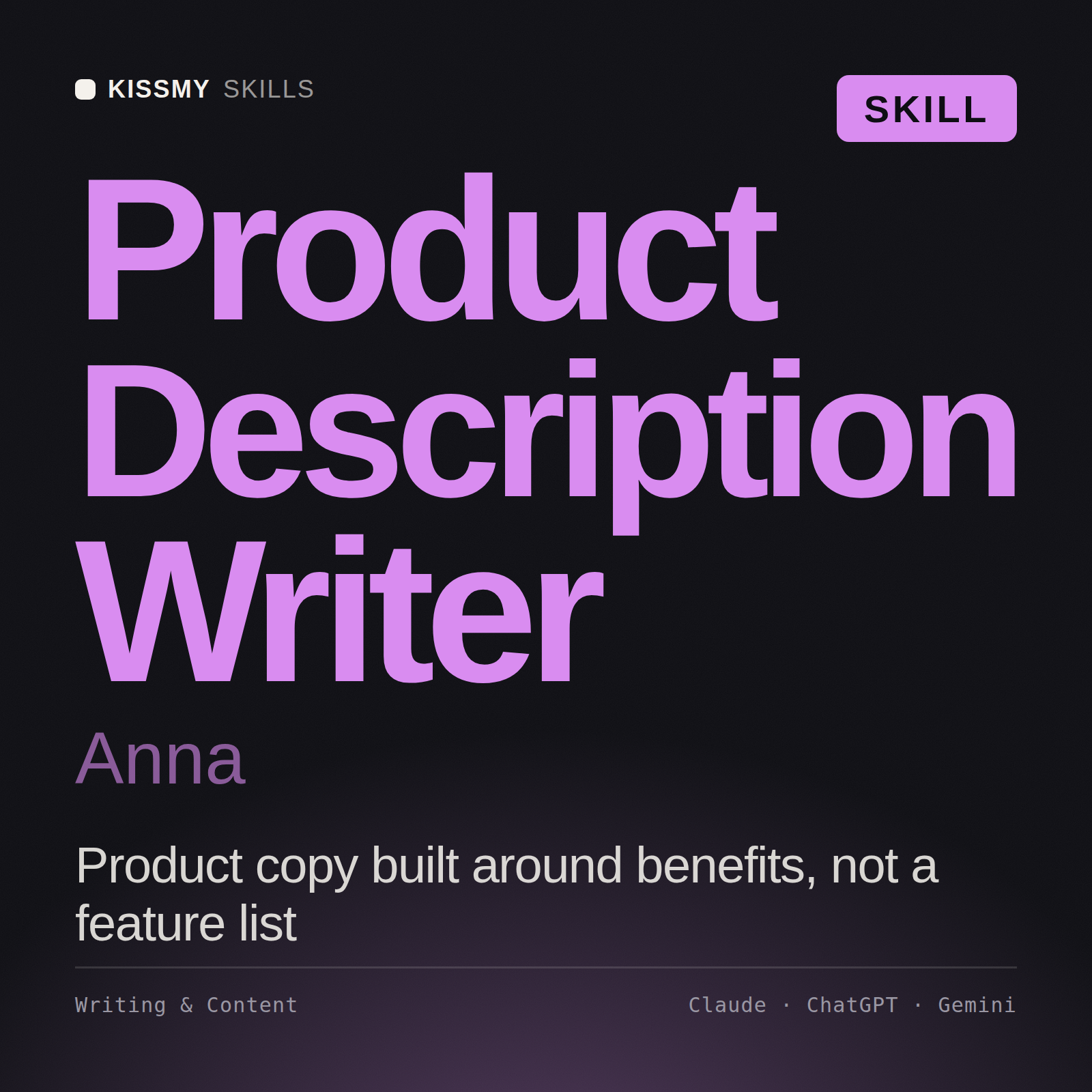 Product Description Writer, Anna AI skill by KissMySkills, cover