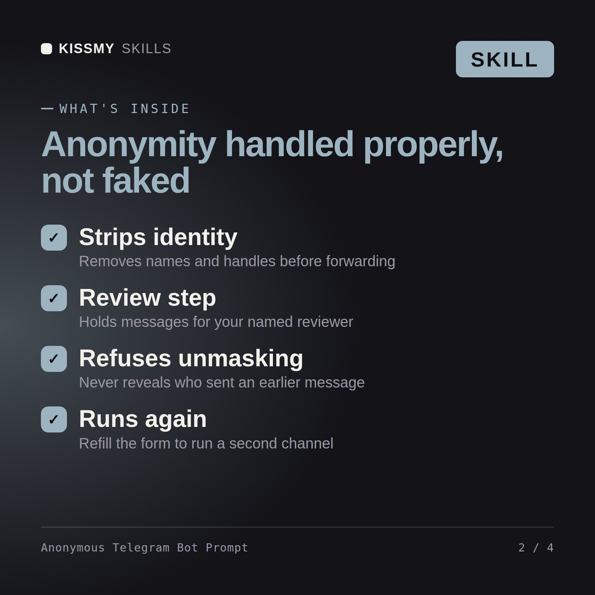 What's inside the Anonymous Telegram Bot Prompt AI skill: Strips identity, Review step, Refuses unmasking, Runs again