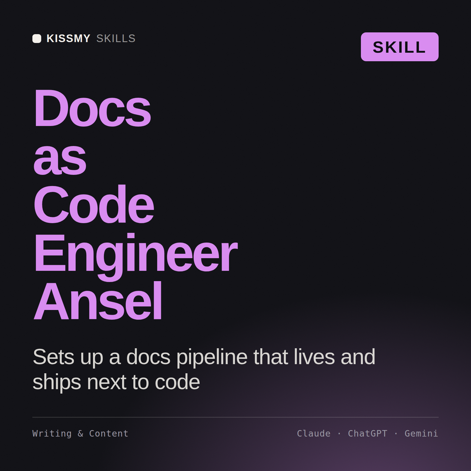 Docs as Code Engineer, Ansel AI skill by KissMySkills, cover