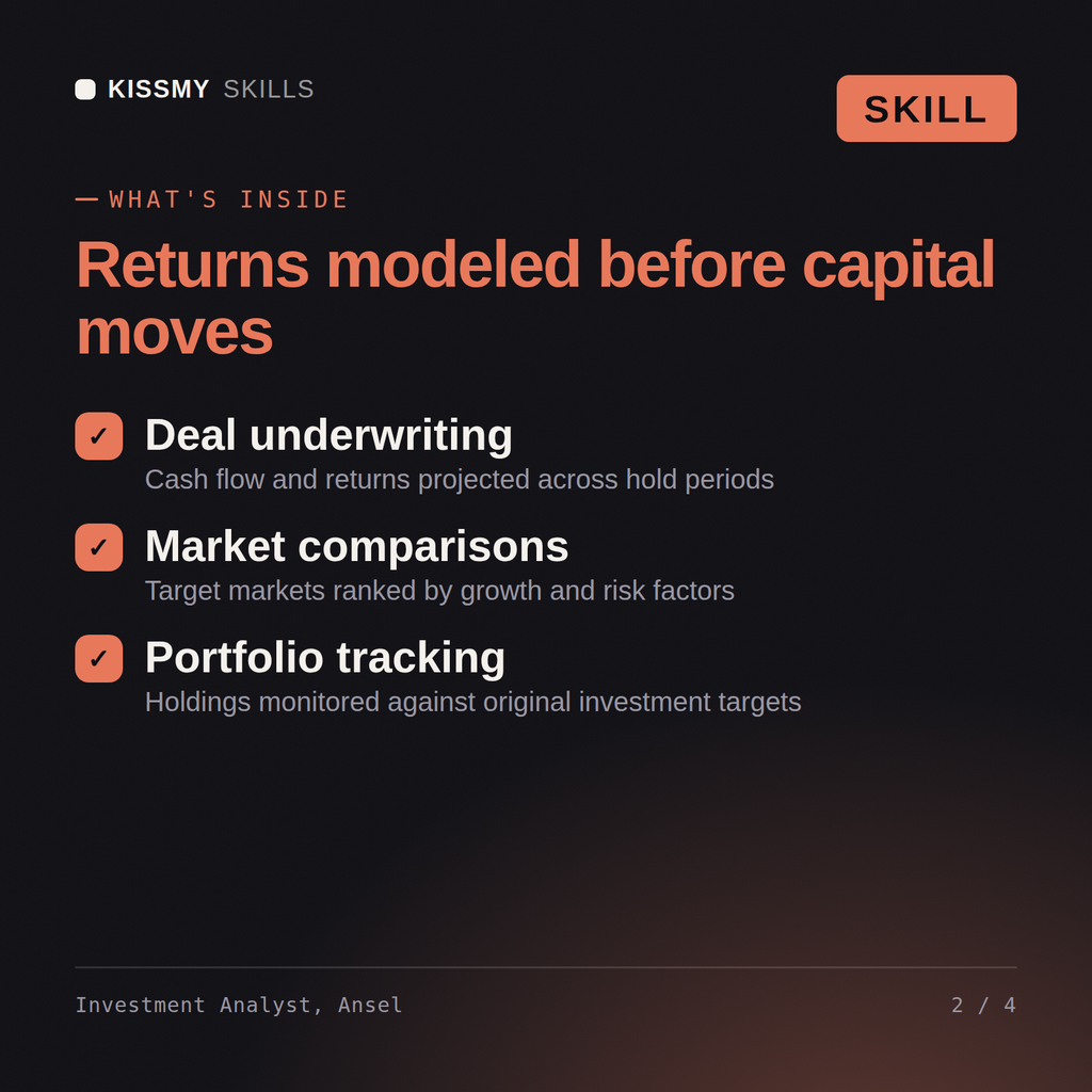 What's inside the Investment Analyst, Ansel AI skill: Deal underwriting, Market comparisons, Portfolio tracking
