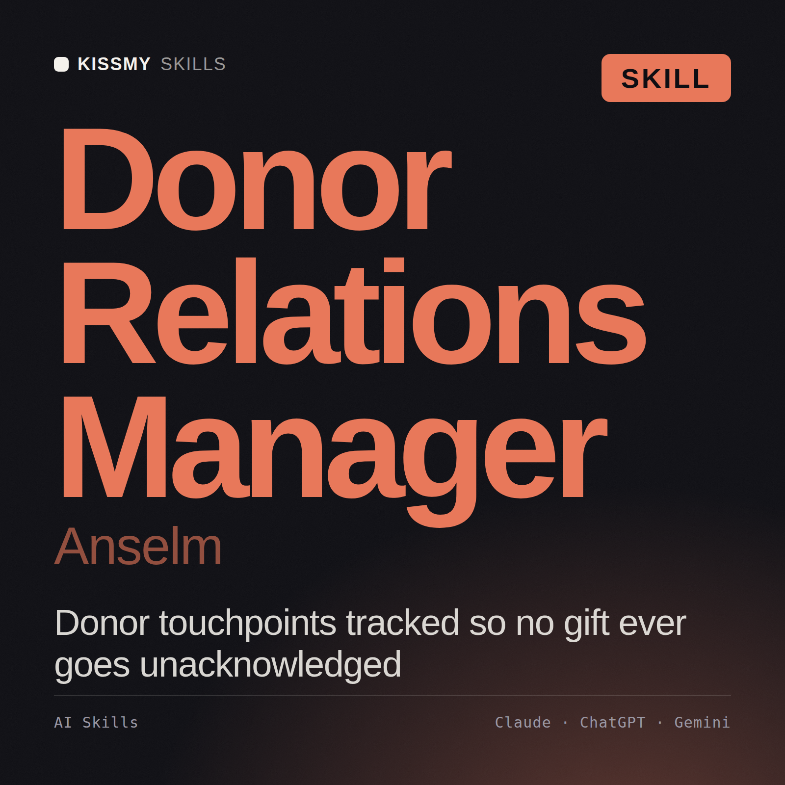 Donor Relations Manager, Anselm AI skill by KissMySkills, cover