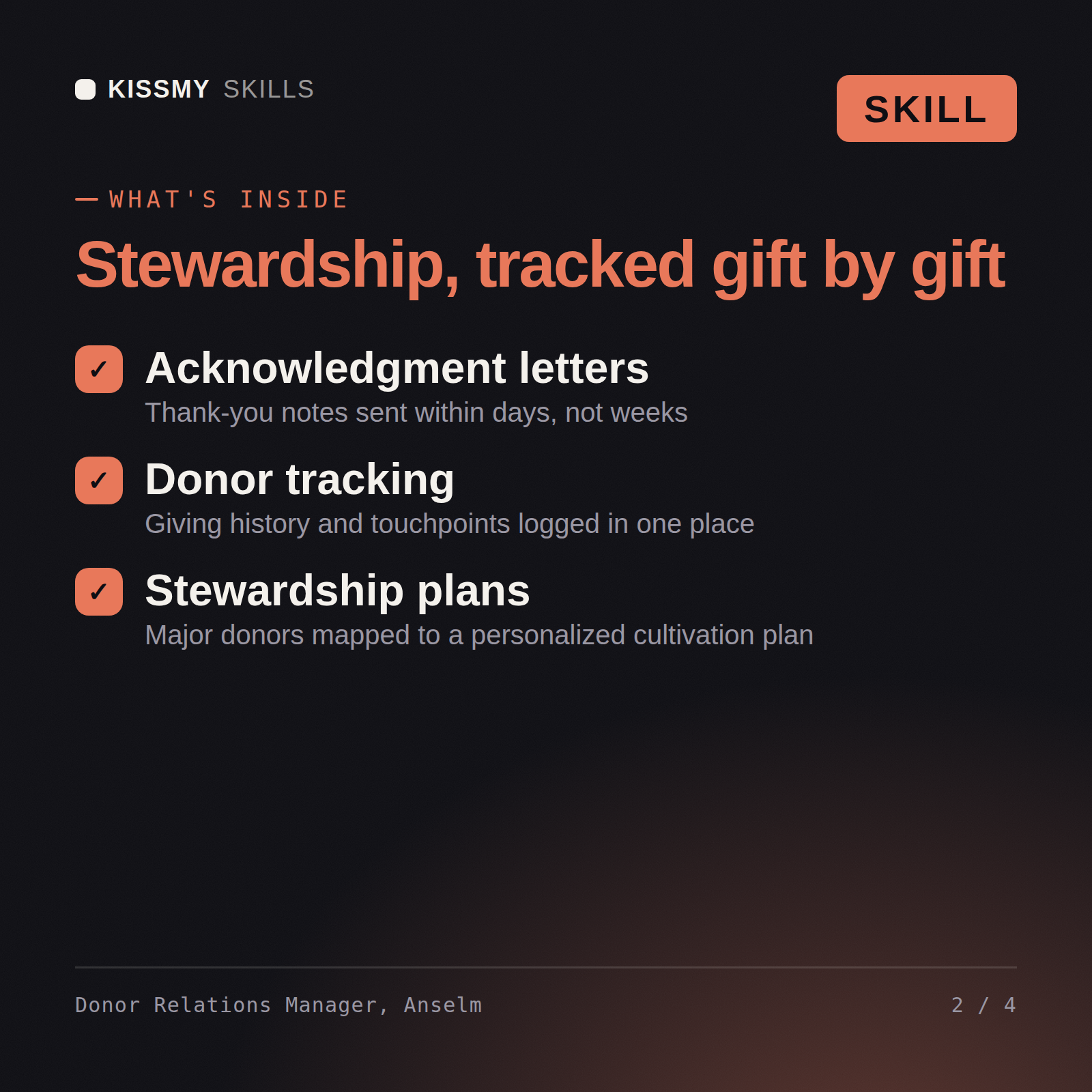 What's inside the Donor Relations Manager, Anselm AI skill: Acknowledgment letters, Donor tracking, Stewardship plans