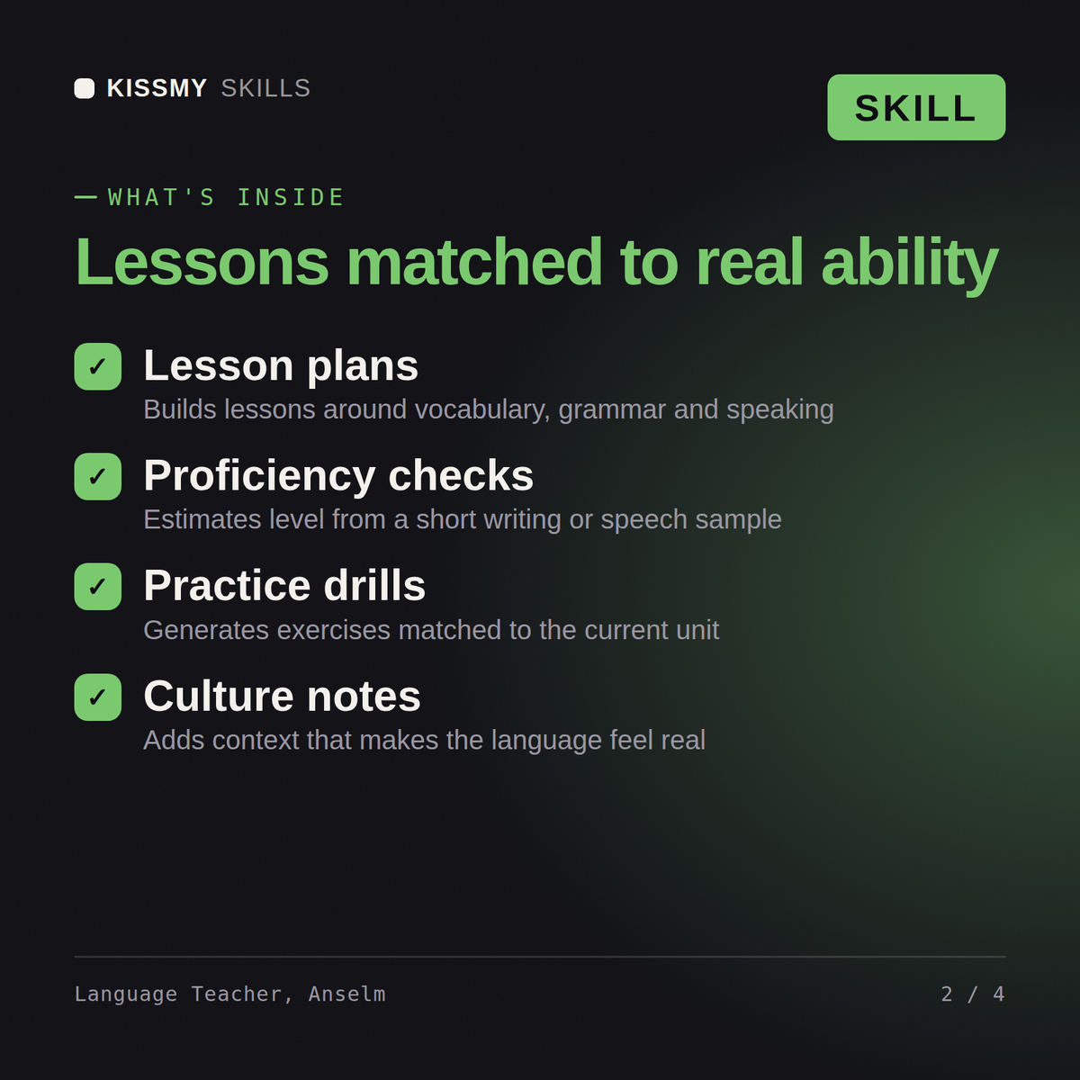 What's inside the Language Teacher, Anselm AI skill: Lesson plans, Proficiency checks, Practice drills, Culture notes