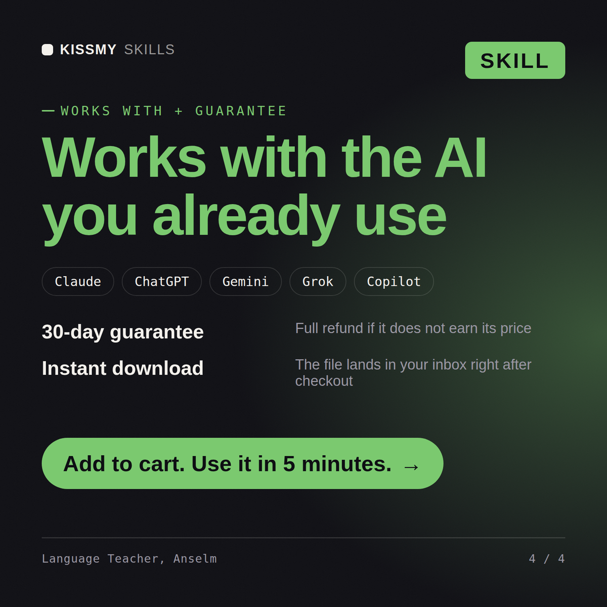 The Language Teacher, Anselm AI skill works with Claude, ChatGPT, Gemini and any AI chat, 30-day money-back guarantee