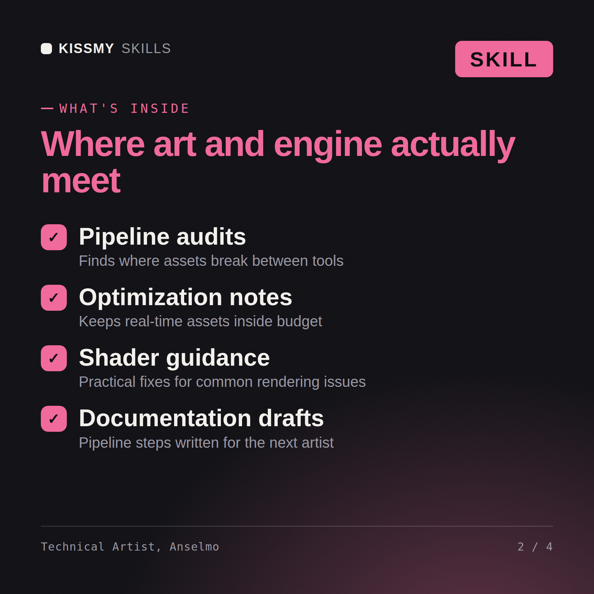 What's inside the Technical Artist, Anselmo AI skill: Pipeline audits, Optimization notes, Shader guidance, Documentation drafts