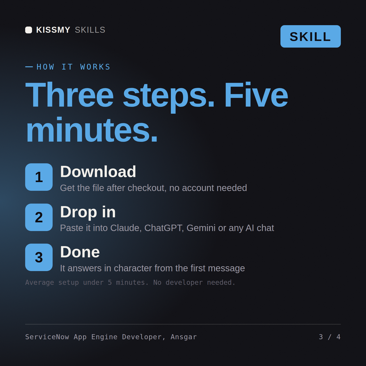 How the ServiceNow App Engine Developer, Ansgar AI skill works in three steps: download, drop it into your AI chat, done