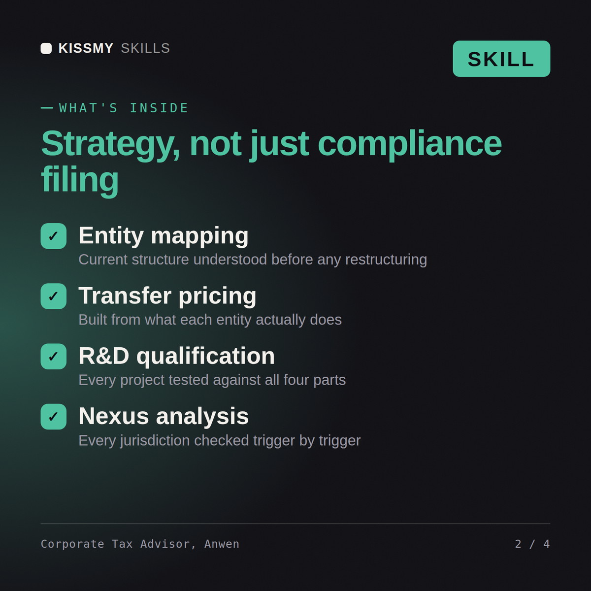 What's inside the Corporate Tax Advisor, Anwen AI skill: Entity mapping, Transfer pricing, R&D qualification, Nexus analysis