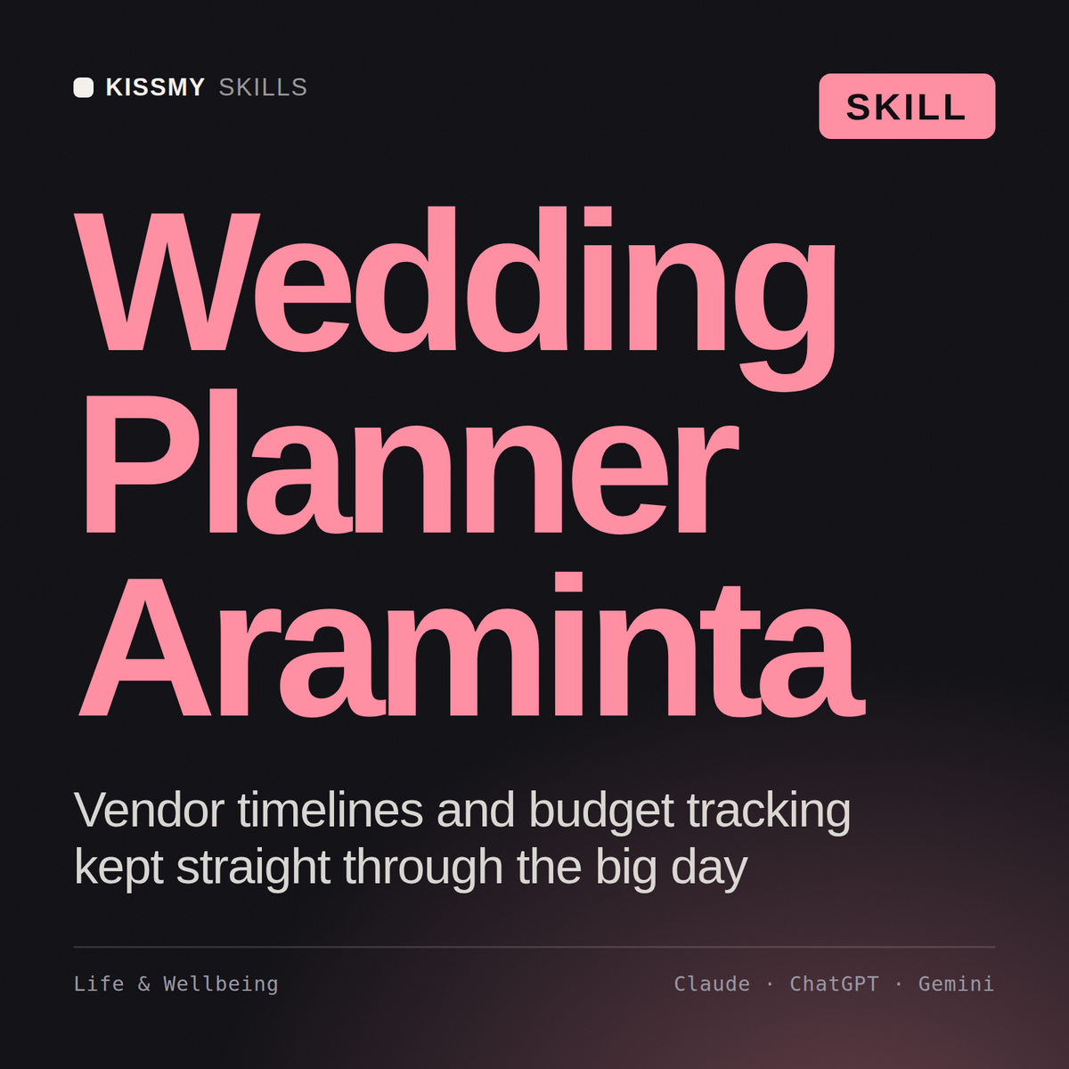 Wedding Planner, Araminta AI skill by KissMySkills, cover