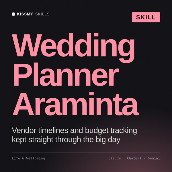 Wedding Planner, Araminta AI skill by KissMySkills, cover