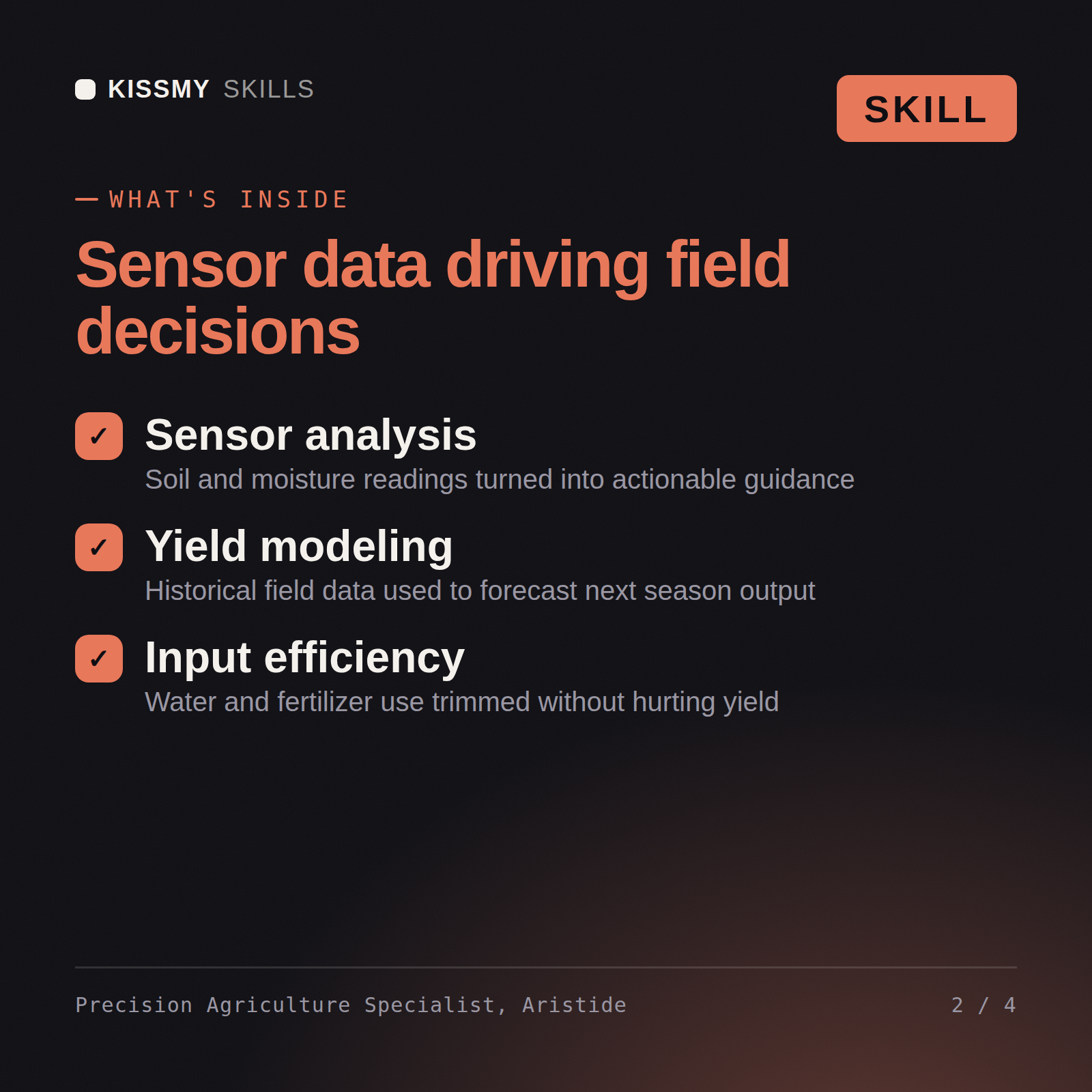 What's inside the Precision Agriculture Specialist, Aristide AI skill: Sensor analysis, Yield modeling, Input efficiency