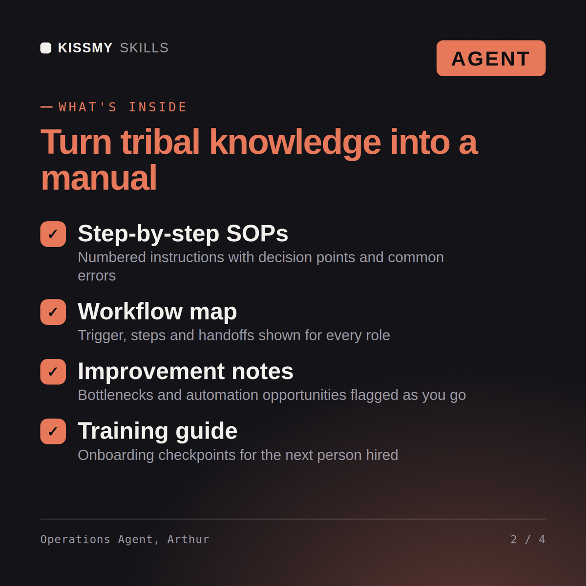 What's inside the Operations Agent, Arthur AI agent: Step-by-step SOPs, Workflow map, Improvement notes, Training guide
