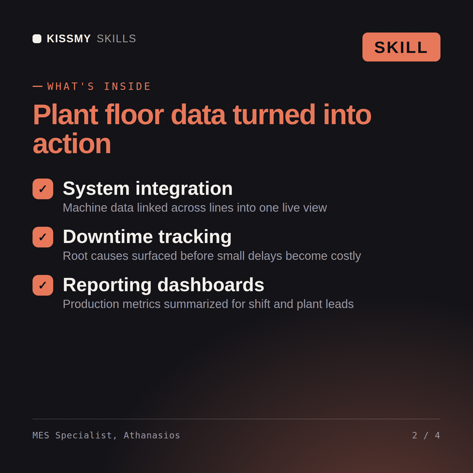 What's inside the MES Specialist, Athanasios AI skill: System integration, Downtime tracking, Reporting dashboards
