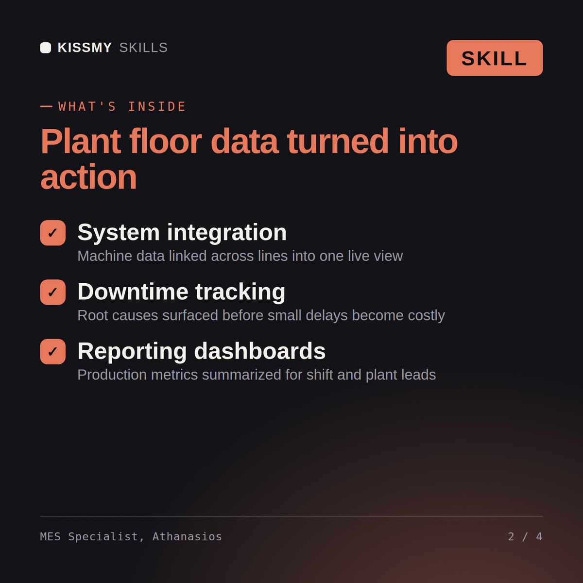 What's inside the MES Specialist, Athanasios AI skill: System integration, Downtime tracking, Reporting dashboards