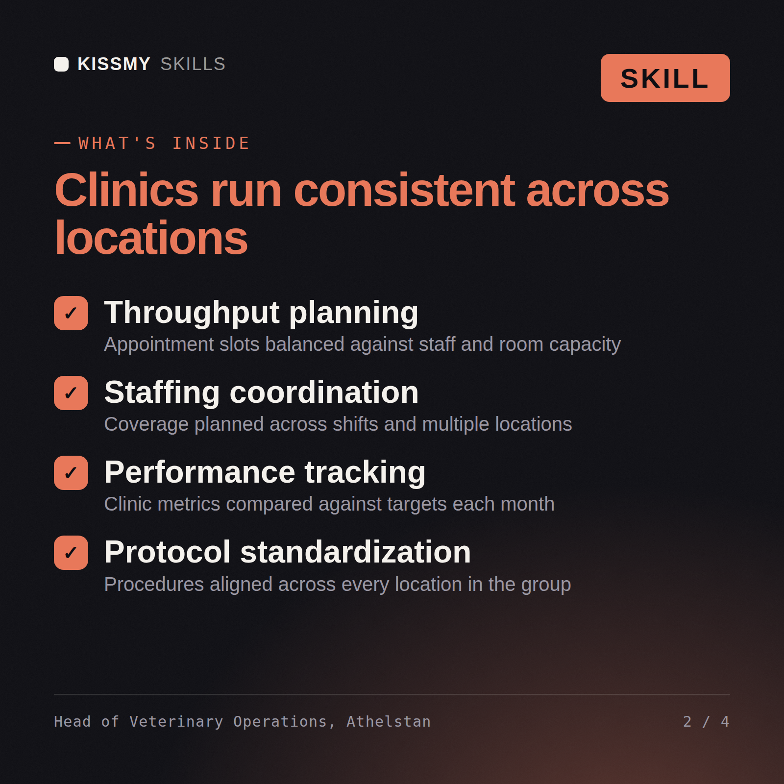 What's inside the Head of Veterinary Operations, Athelstan AI skill: Throughput planning, Staffing coordination, Performance tracking, Protocol standardization