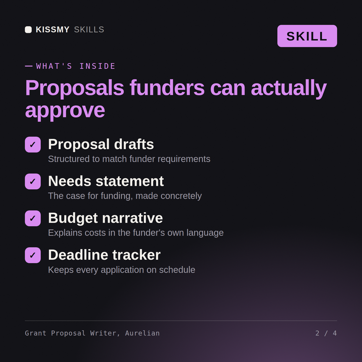 What's inside the Grant Proposal Writer, Aurelian AI skill: Proposal drafts, Needs statement, Budget narrative, Deadline tracker