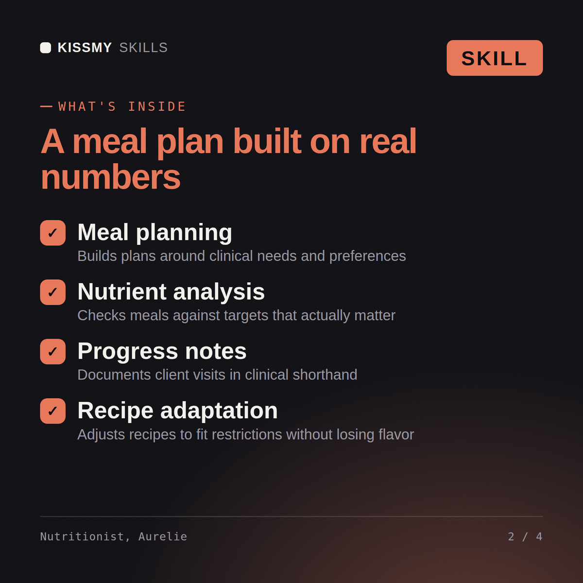 What's inside the Nutritionist, Aurelie AI skill: Meal planning, Nutrient analysis, Progress notes, Recipe adaptation