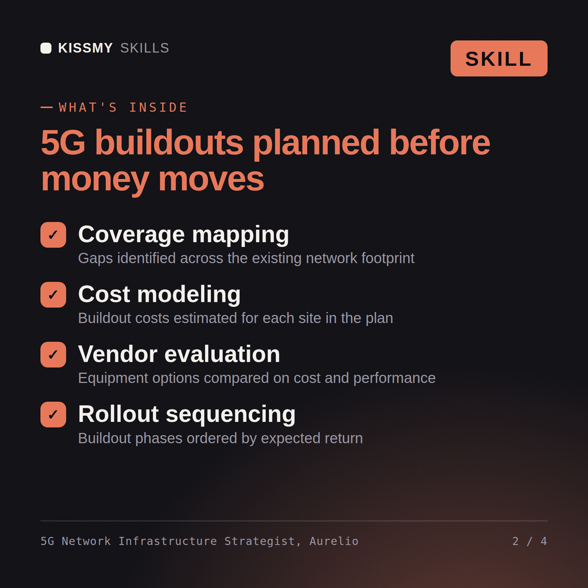 What's inside the 5G Network Infrastructure Strategist, Aurelio AI skill: Coverage mapping, Cost modeling, Vendor evaluation, Rollout sequencing