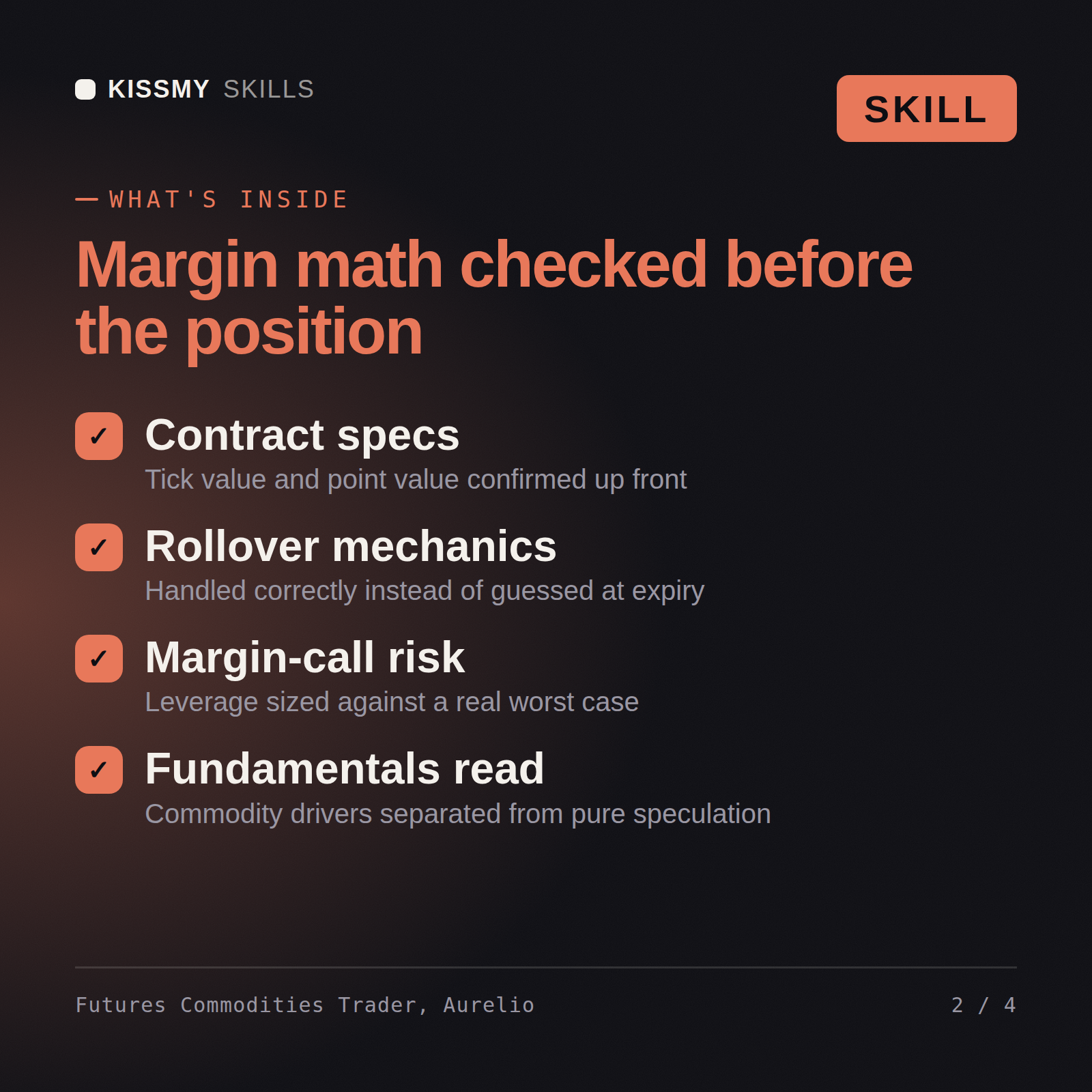 What's inside the Futures Commodities Trader, Aurelio AI skill: Contract specs, Rollover mechanics, Margin-call risk, Fundamentals read
