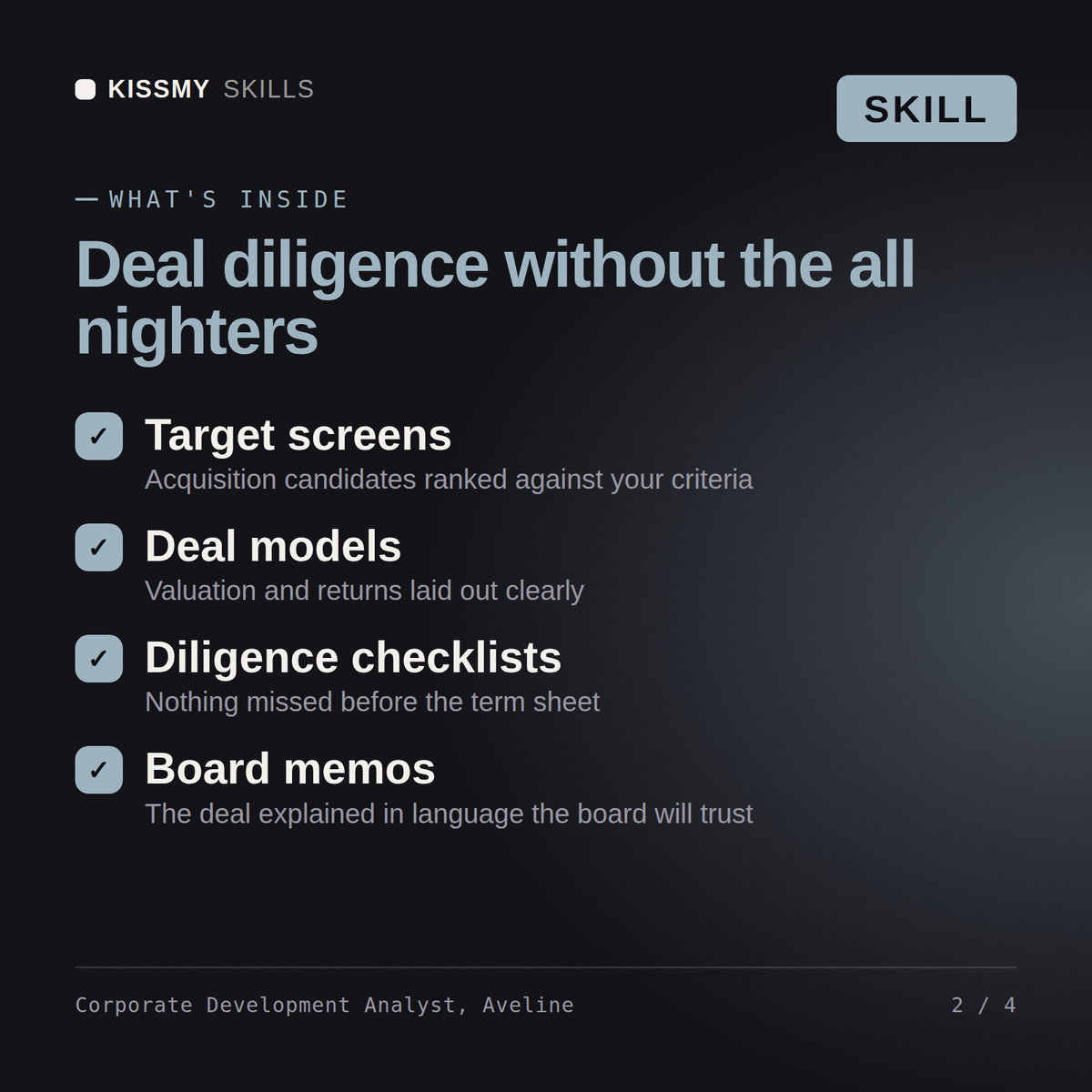 What's inside the Corporate Development Analyst, Aveline AI skill: Target screens, Deal models, Diligence checklists, Board memos
