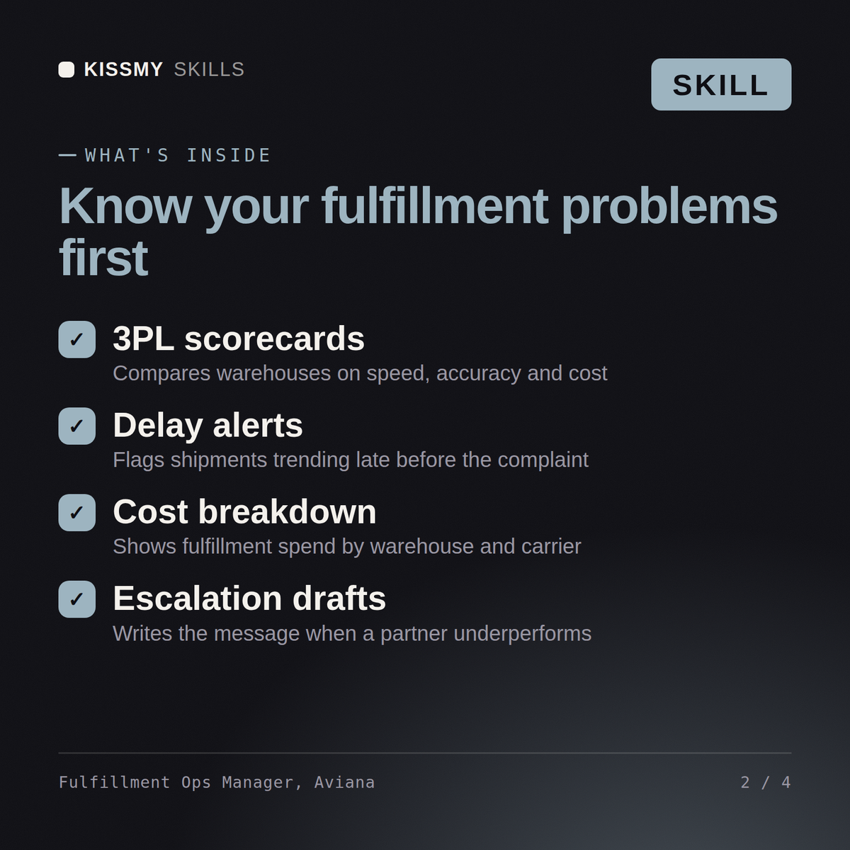 What's inside the Fulfillment Ops Manager, Aviana AI skill: 3PL scorecards, Delay alerts, Cost breakdown, Escalation drafts