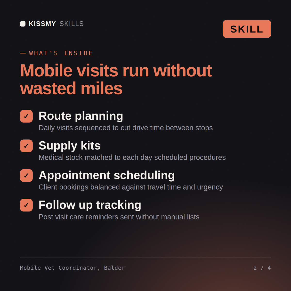 What's inside the Mobile Vet Coordinator, Balder AI skill: Route planning, Supply kits, Appointment scheduling, Follow up tracking
