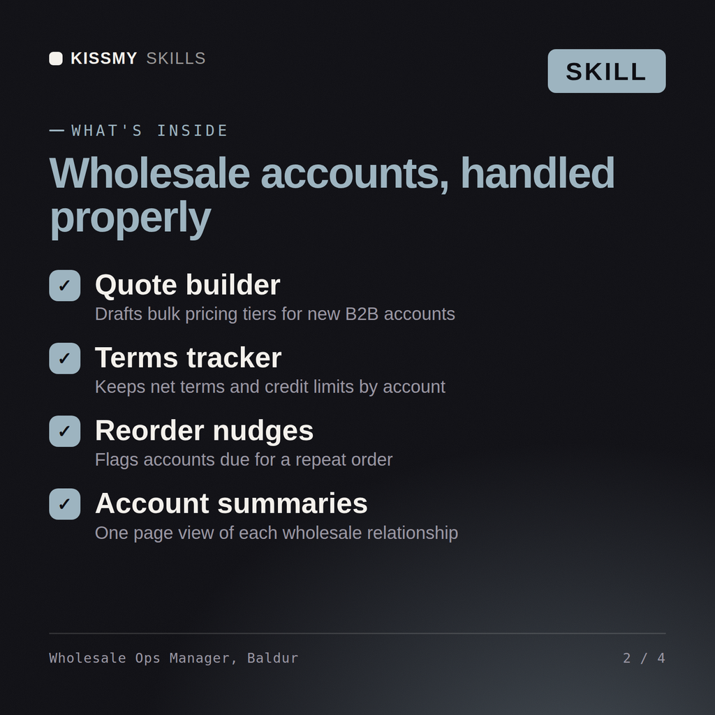 What's inside the Wholesale Ops Manager, Baldur AI skill: Quote builder, Terms tracker, Reorder nudges, Account summaries