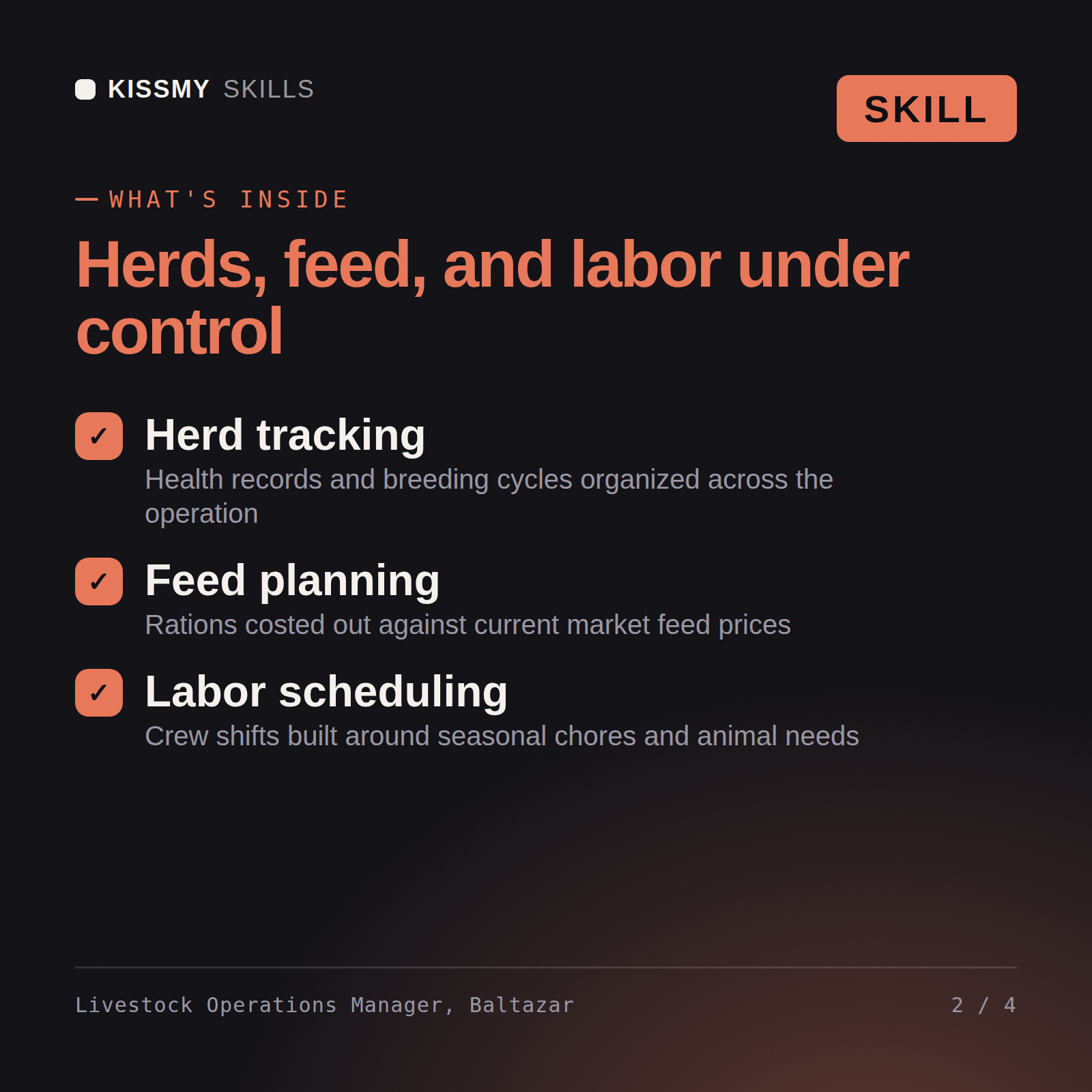 What's inside the Livestock Operations Manager, Baltazar AI skill: Herd tracking, Feed planning, Labor scheduling
