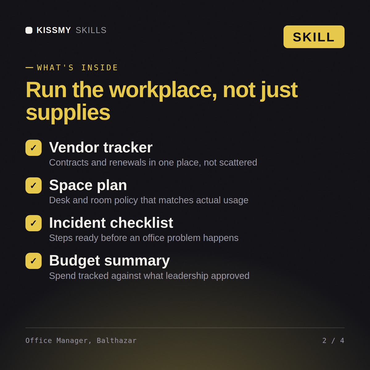 What's inside the Office Manager, Balthazar AI skill: Vendor tracker, Space plan, Incident checklist, Budget summary