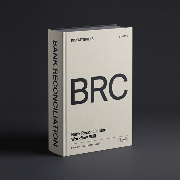 Bank Reconciliation Claude skill by KissMySkills, pale putty cotton-rag cover with the monogram BRC
