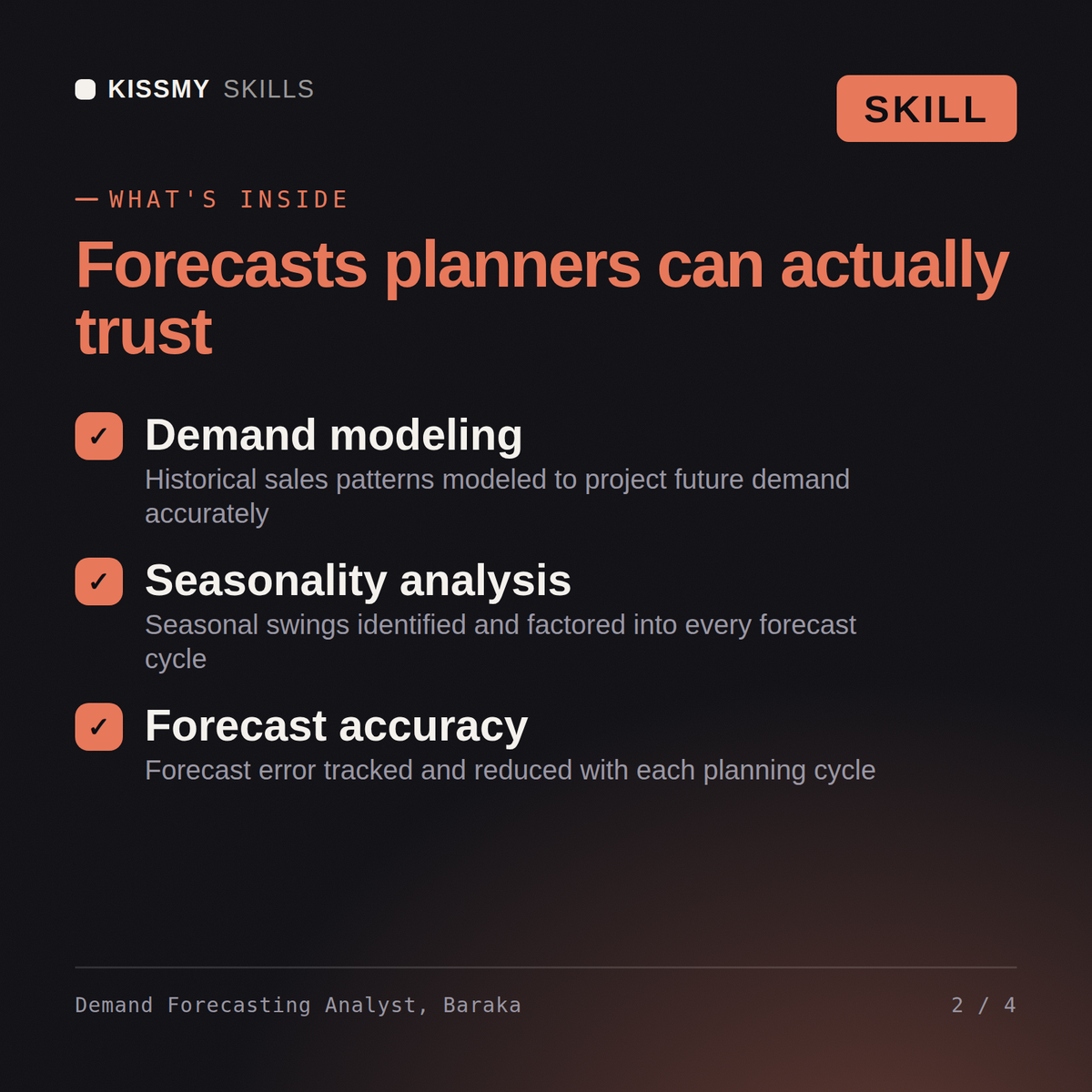 What's inside the Demand Forecasting Analyst, Baraka AI skill: Demand modeling, Seasonality analysis, Forecast accuracy