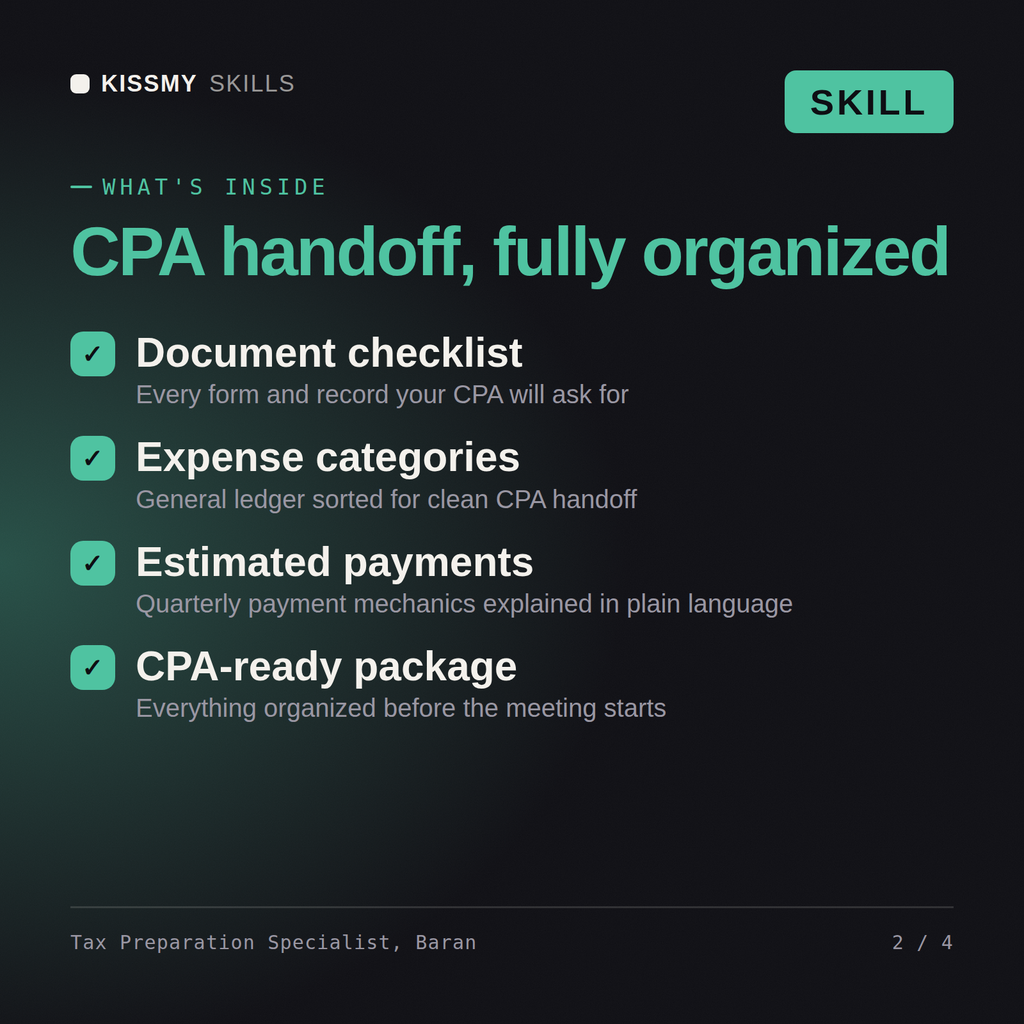 What's inside the Tax Preparation Specialist, Baran AI skill: Document checklist, Expense categories, Estimated payments, CPA-ready package