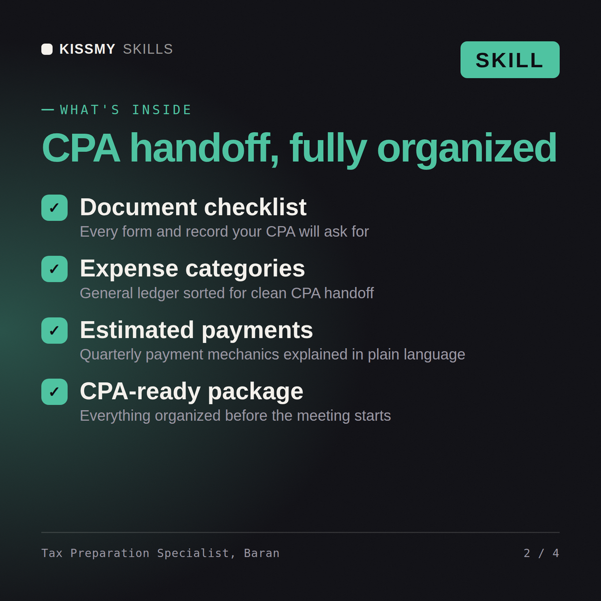 What's inside the Tax Preparation Specialist, Baran AI skill: Document checklist, Expense categories, Estimated payments, CPA-ready package